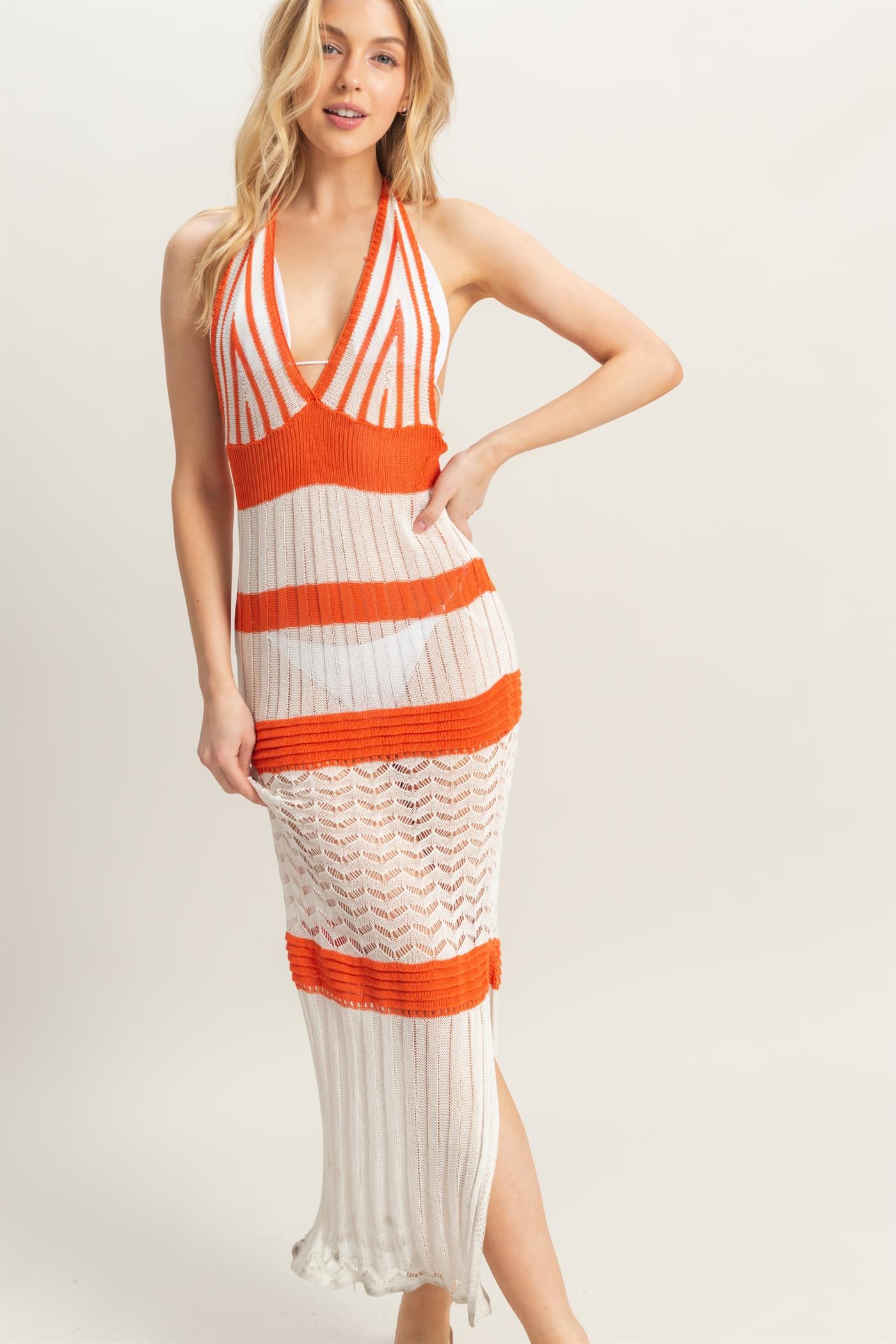 Wholesale Crochet Striped Halter Coverup Maxi Dress Dresses HF25A820 ORANGE HYFVE