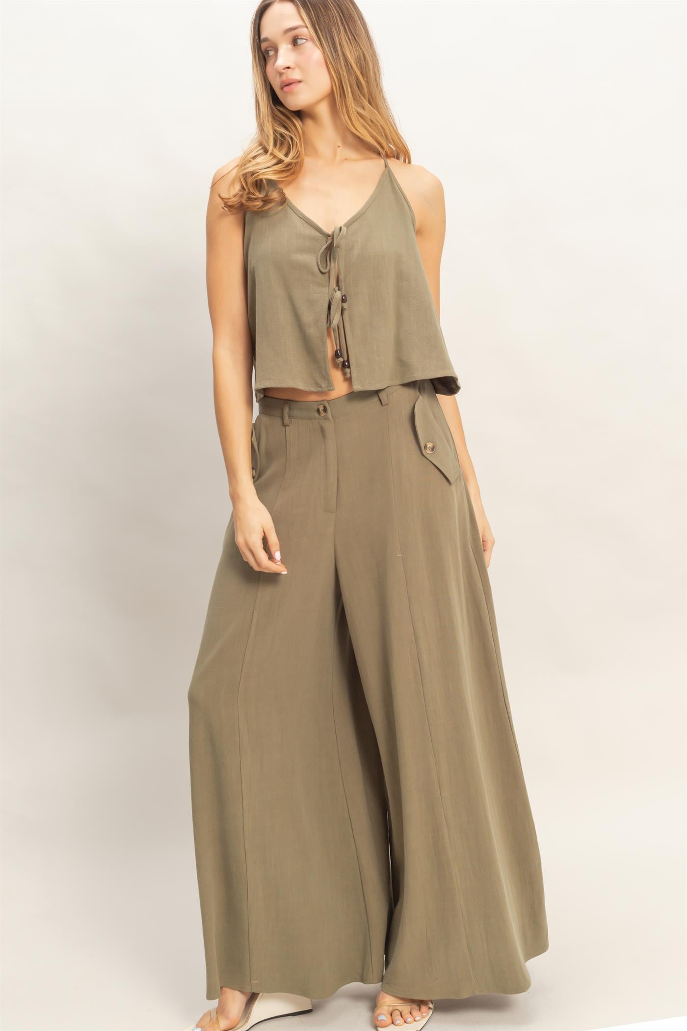 Wholesale Halter Tie Front Top With Beads Detail Blouses HF26A836 OLIVE HYFVE