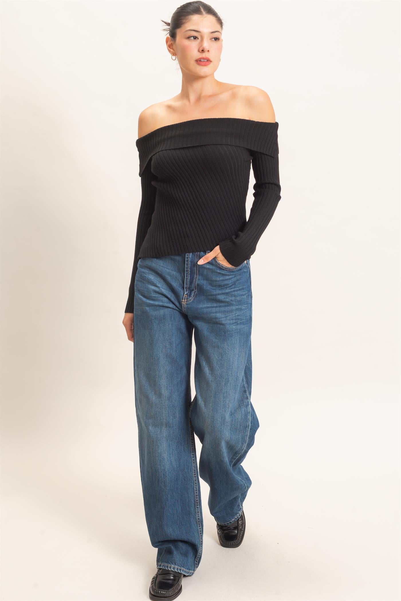 Wholesale Ribbed Off-Shoulder Sweater Sweaters HF26E937 BLACK HYFVE