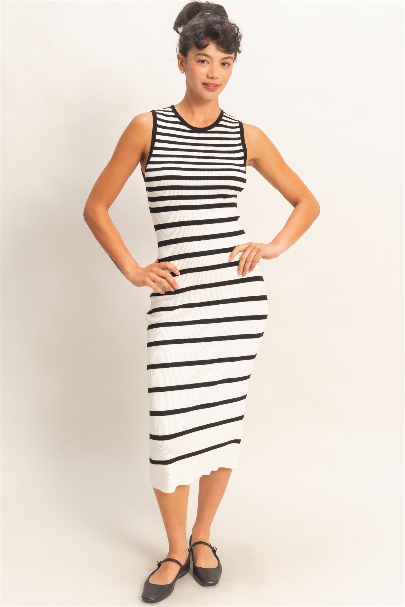 Wholesale Striped Ribbed Tank Midi Dress Dresses DZ26A797 WHITE DOUBLE ZERO