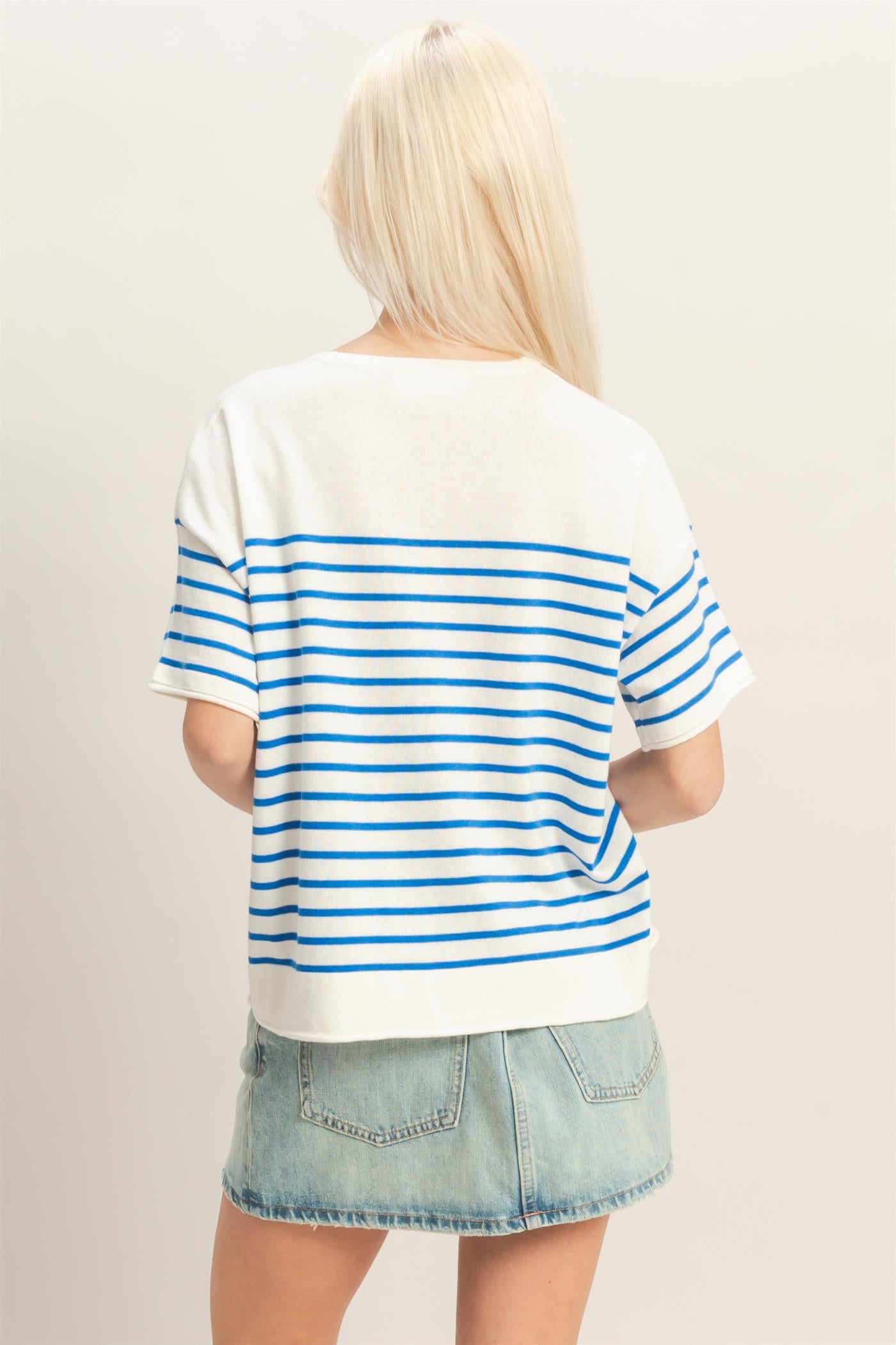 Wholesale Striped Short Sleeve Knit Top Clothing Tops DZ26A838 BLUE DOUBLE ZERO