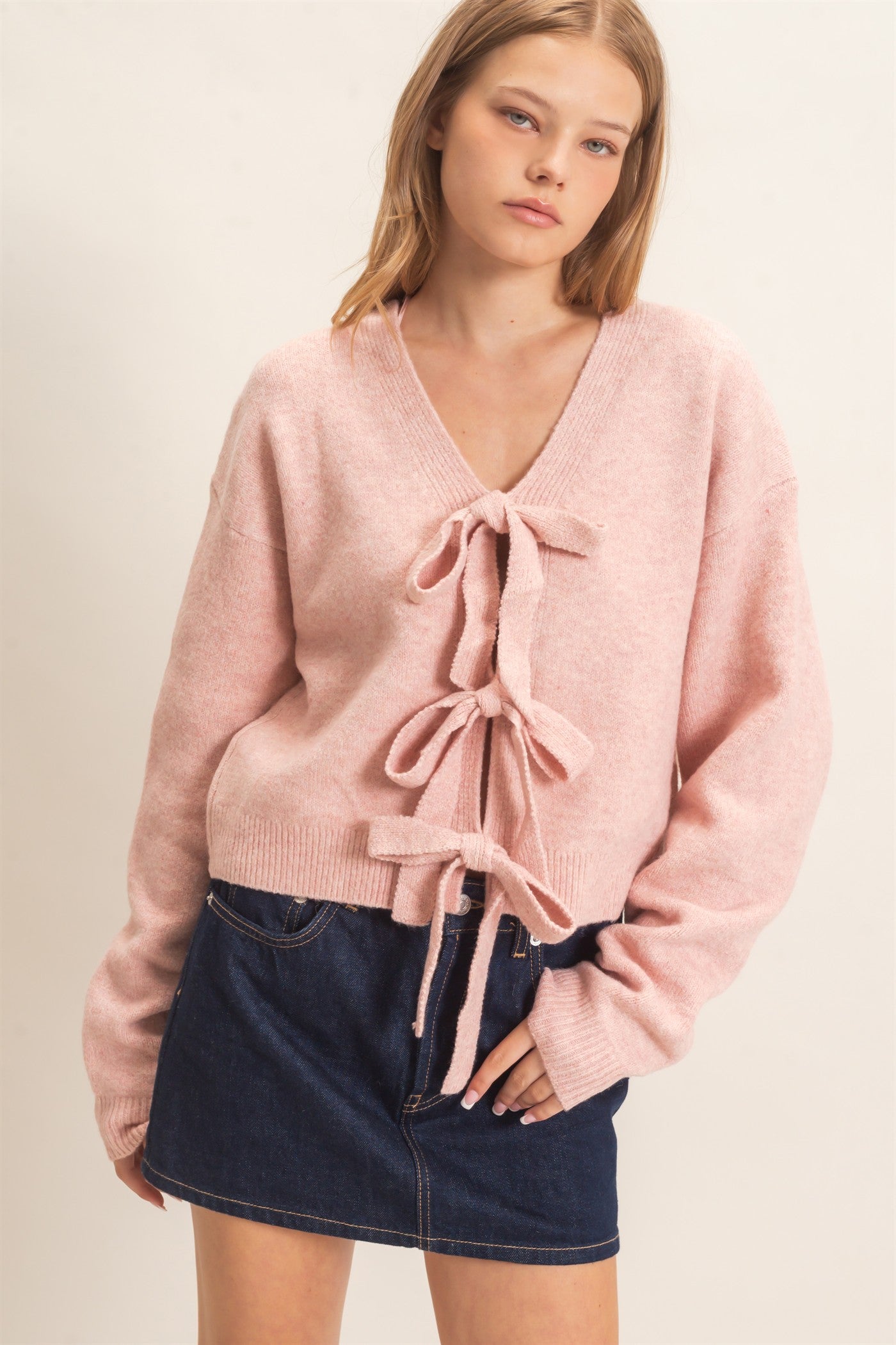 Wholesale Two-Way Bow Tie Sweater Sweaters HF26E167 DUSTY PINK HYFVE