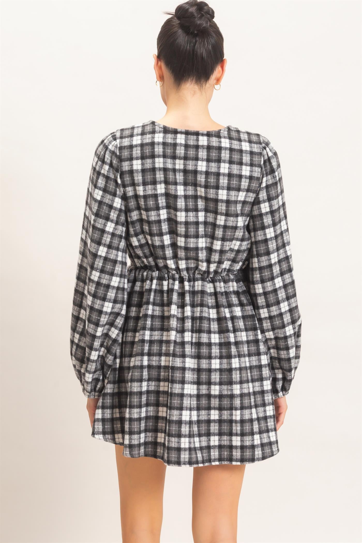 Wholesale Plaid Velvet Ribbon Tie Mini Dress Dresses HF26E965 BLACK HYFVE