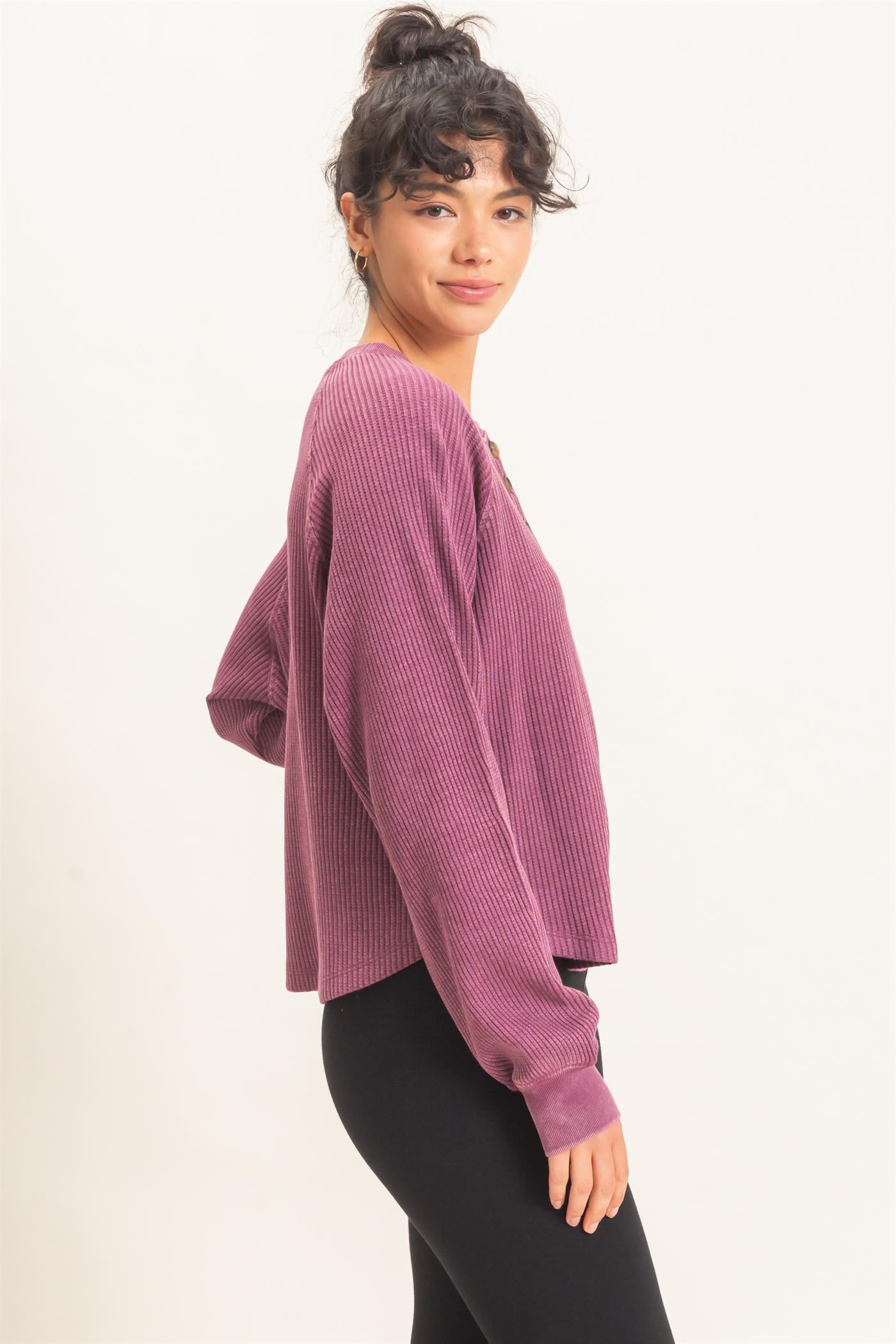 Wholesale Mineral Wash Waffle Knit Henley Top Sweatshirts DZ26E947 DARK CHERRY DOUBLE ZERO