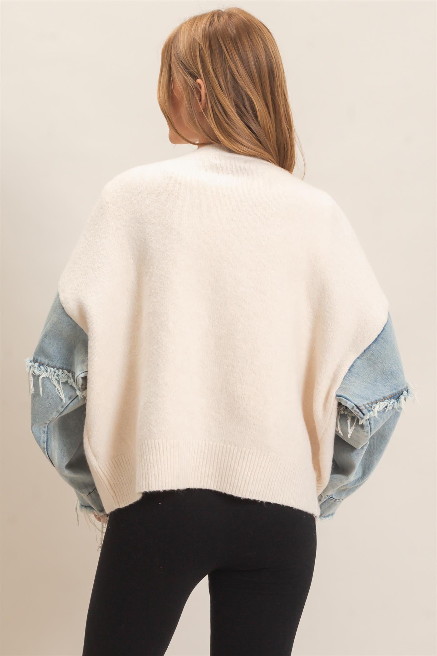 Wholesale V-Neck Cardigan With Distressed Denim Sleeves Cardigans HF26E838 OATMEAL HYFVE