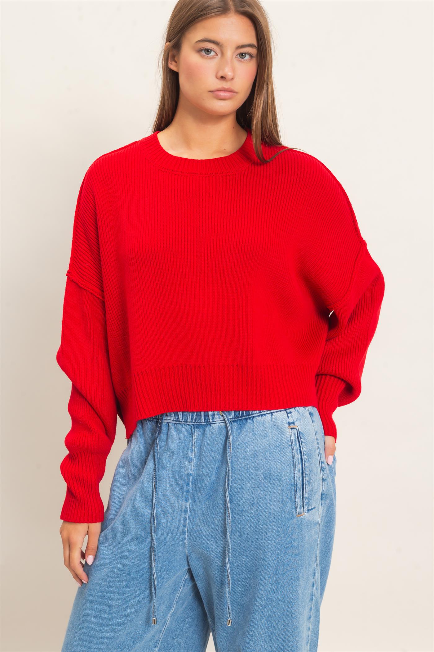 Wholesale Ribbed Drop Shoulder Sweater Sweaters DZ26C982 RED DOUBLE ZERO