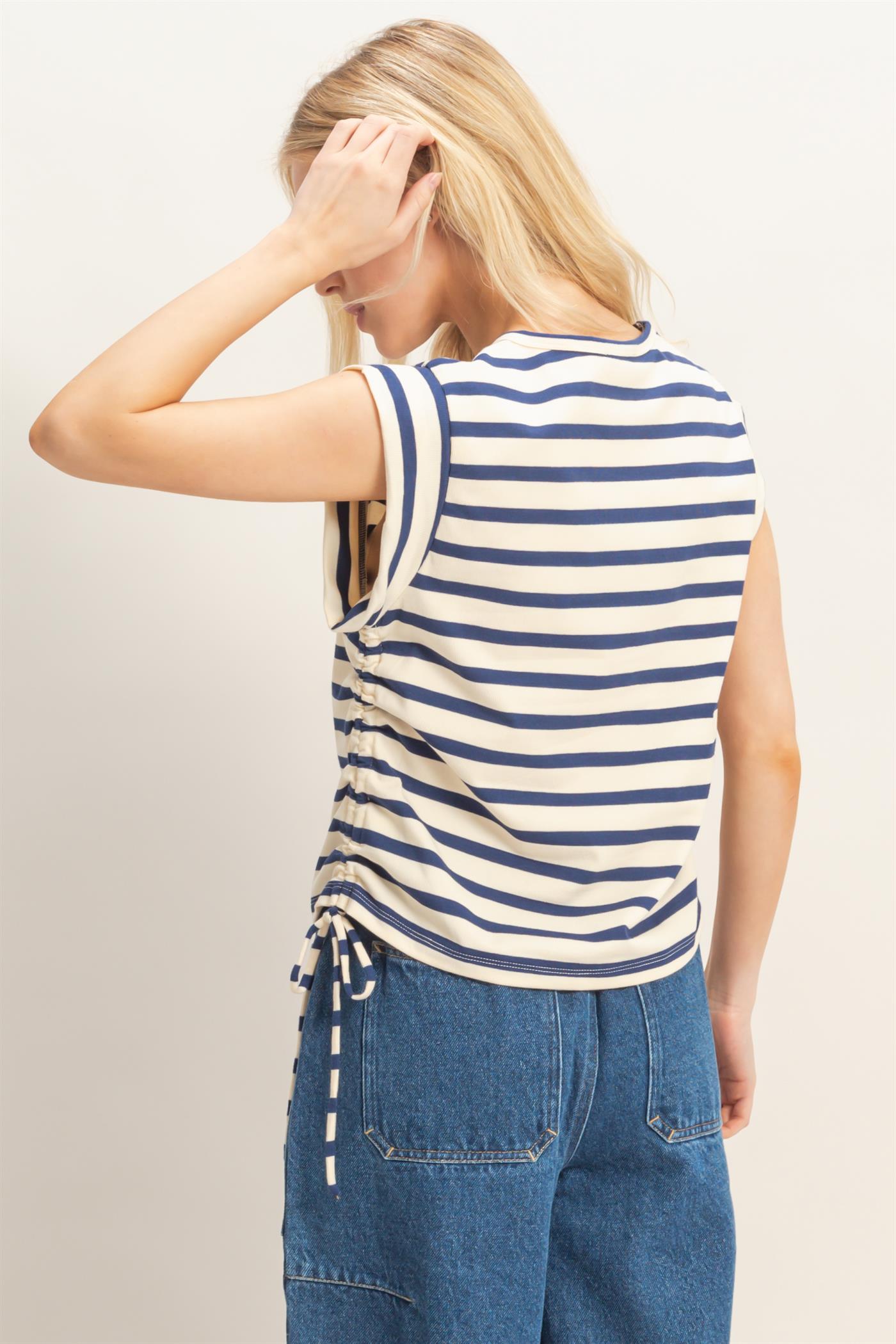 Wholesale Striped Sleeveless Tie-Side Top Clothing Tops HF26A500 NAVY HYFVE