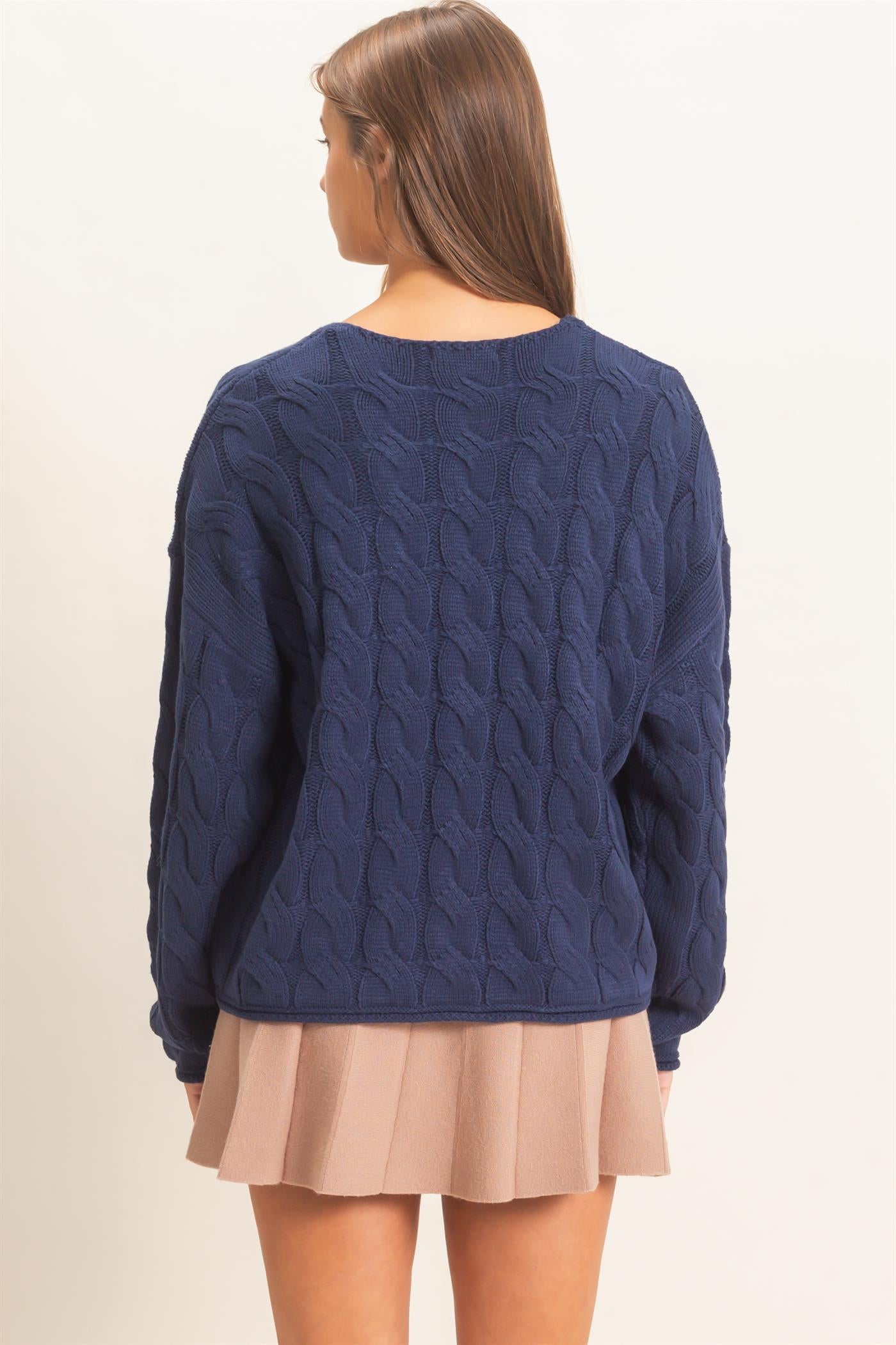 Wholesale Cable Knit V-Neck Sweater Sweaters DZ26E087 NAVY DOUBLE ZERO