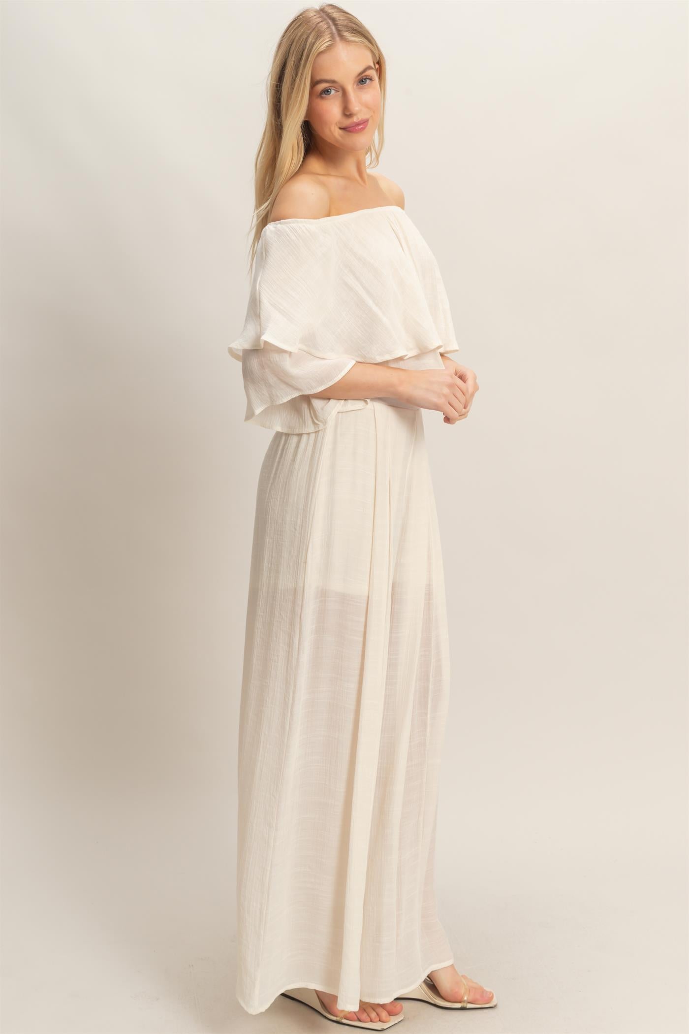 Wholesale Off Shoulder Top & Pleated Pant Set Clothing HF26C291-SET-D CREAM HYFVE