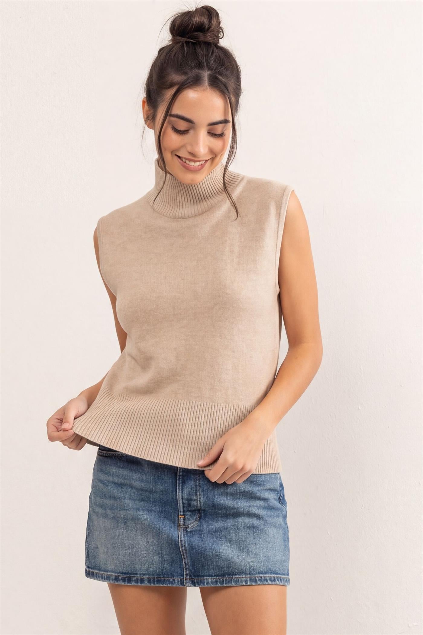 Wholesale Sleeveless High Neck Knit Top Clothing Tops DZ26E946 TAUPE DOUBLE ZERO