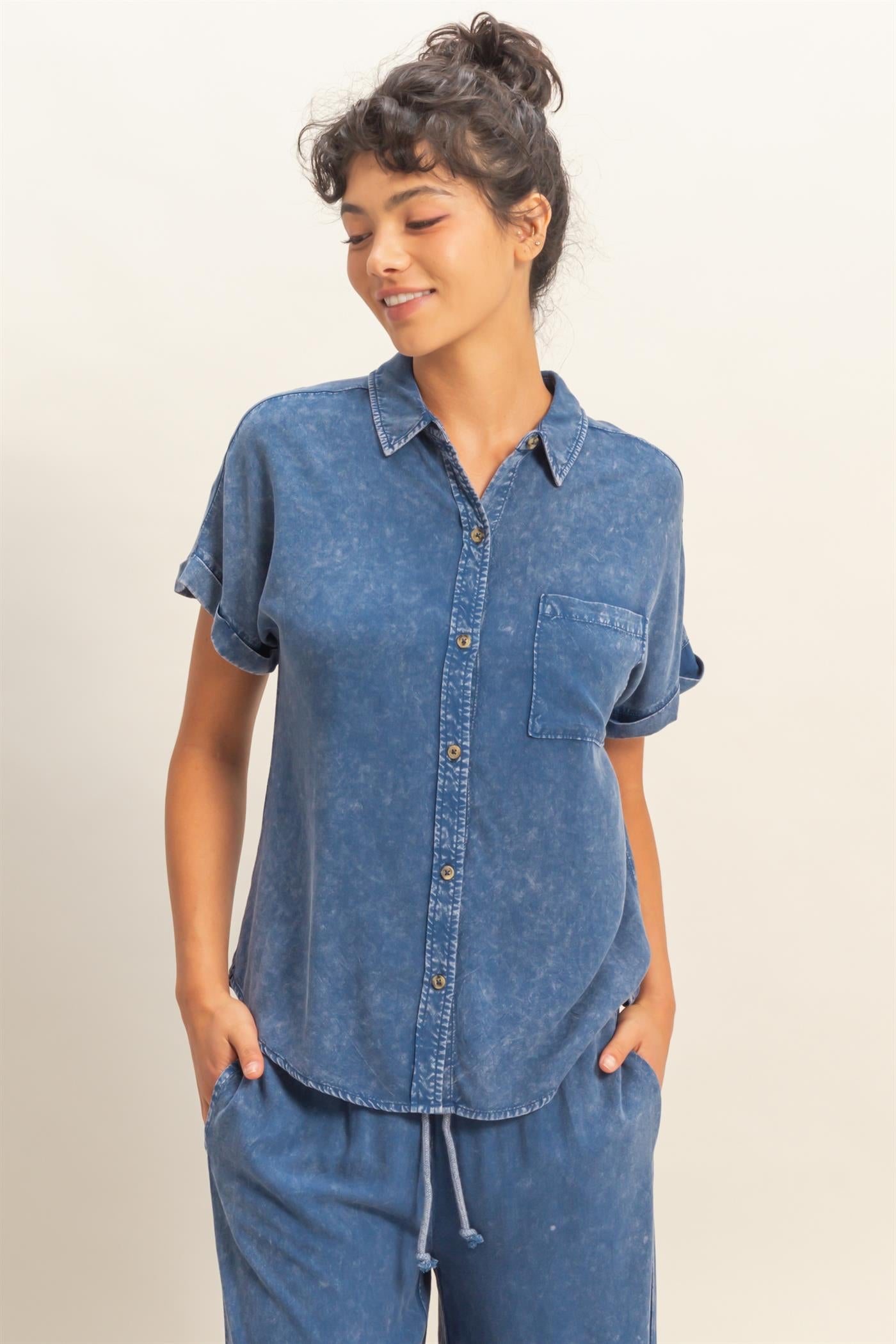Wholesale Mineral Wash Button-Up Dolman Sleeve Shirt Shirts DZ26C132 NAVY DOUBLE ZERO