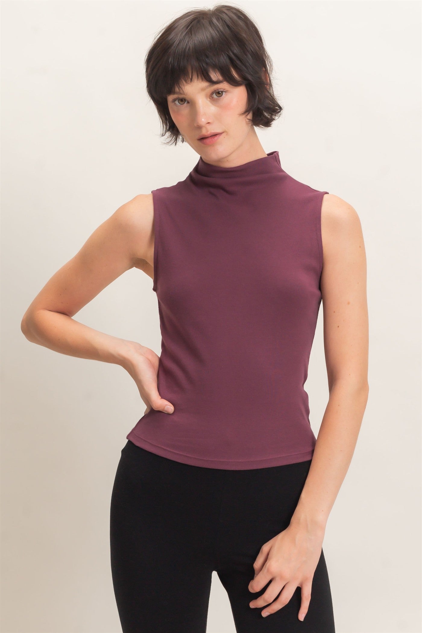 Wholesale Sleeveless Mock Neck Top Clothing Tops DZ26E397 DARK CHERRY DOUBLE ZERO