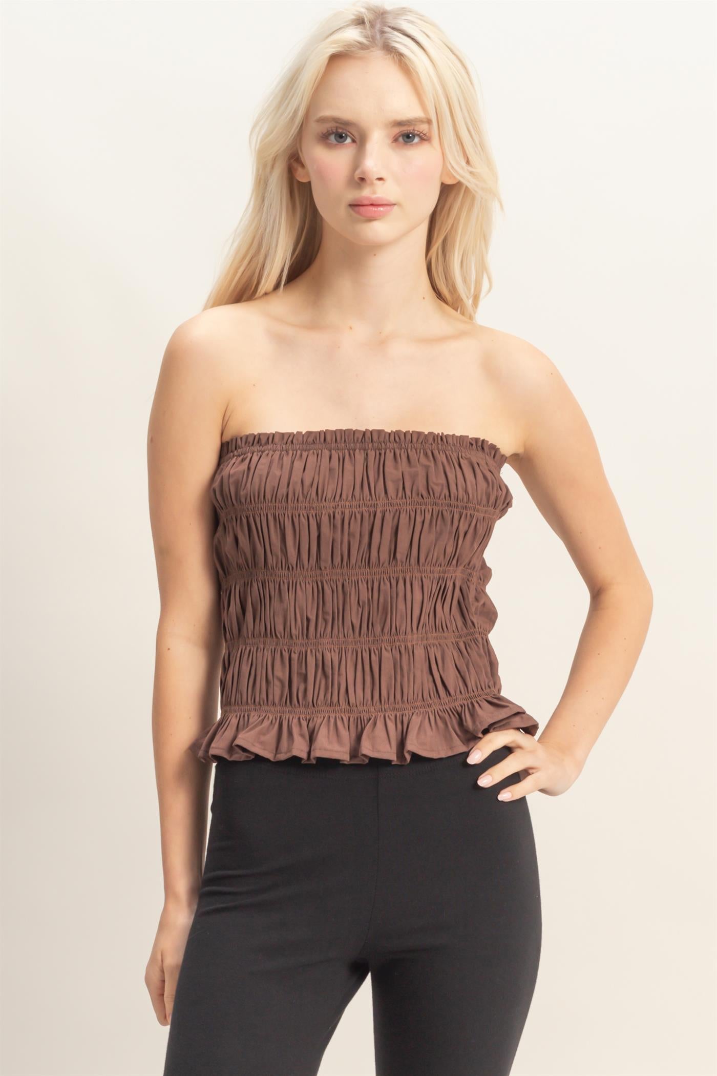 Wholesale Smocked Ruffle Tube Top Clothing Tops DZ26C282 CHOCOLATE DOUBLE ZERO