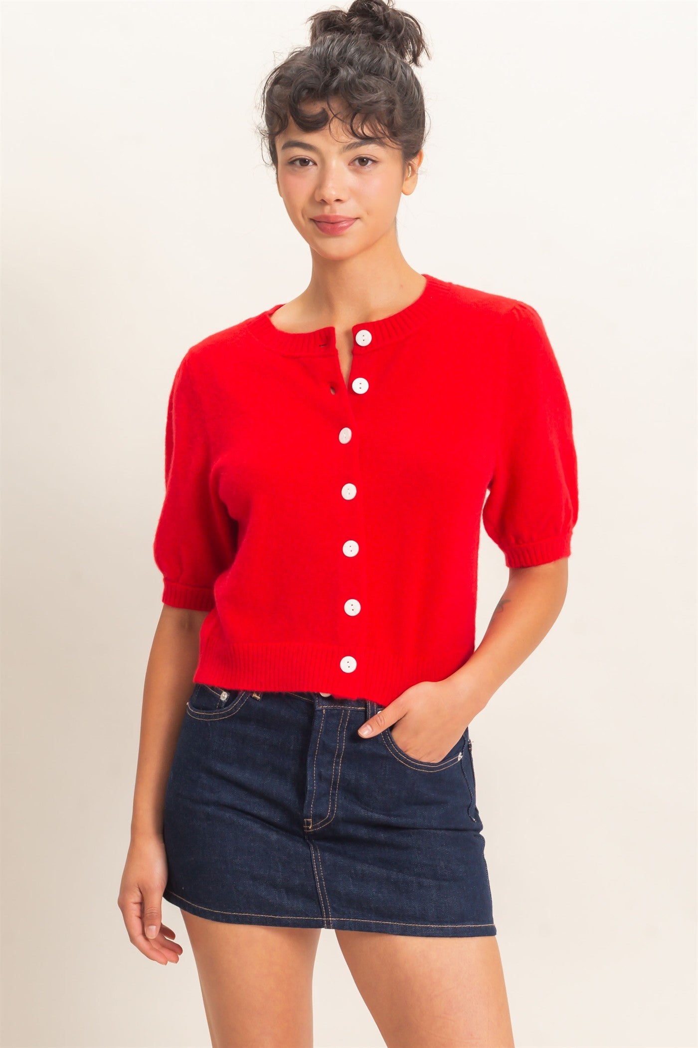 Wholesale Button Front Puff Short Sleeve Cardigan Cardigans DZ26C960 RED DOUBLE ZERO