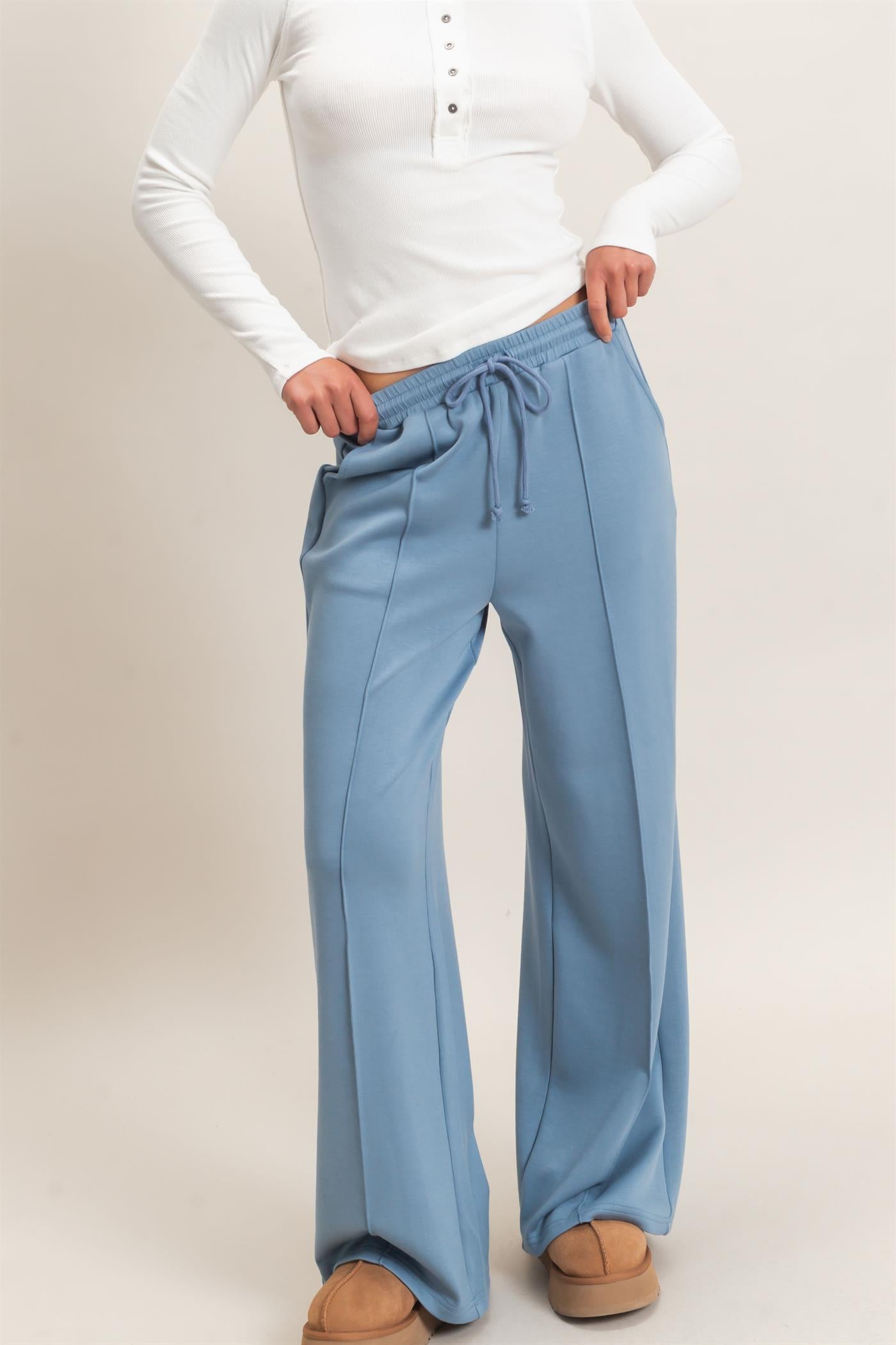 Wholesale Drawstring Waist Pintuck Wide Leg Pants Pants DZ26E384 DUSTY BLUE HYFVE