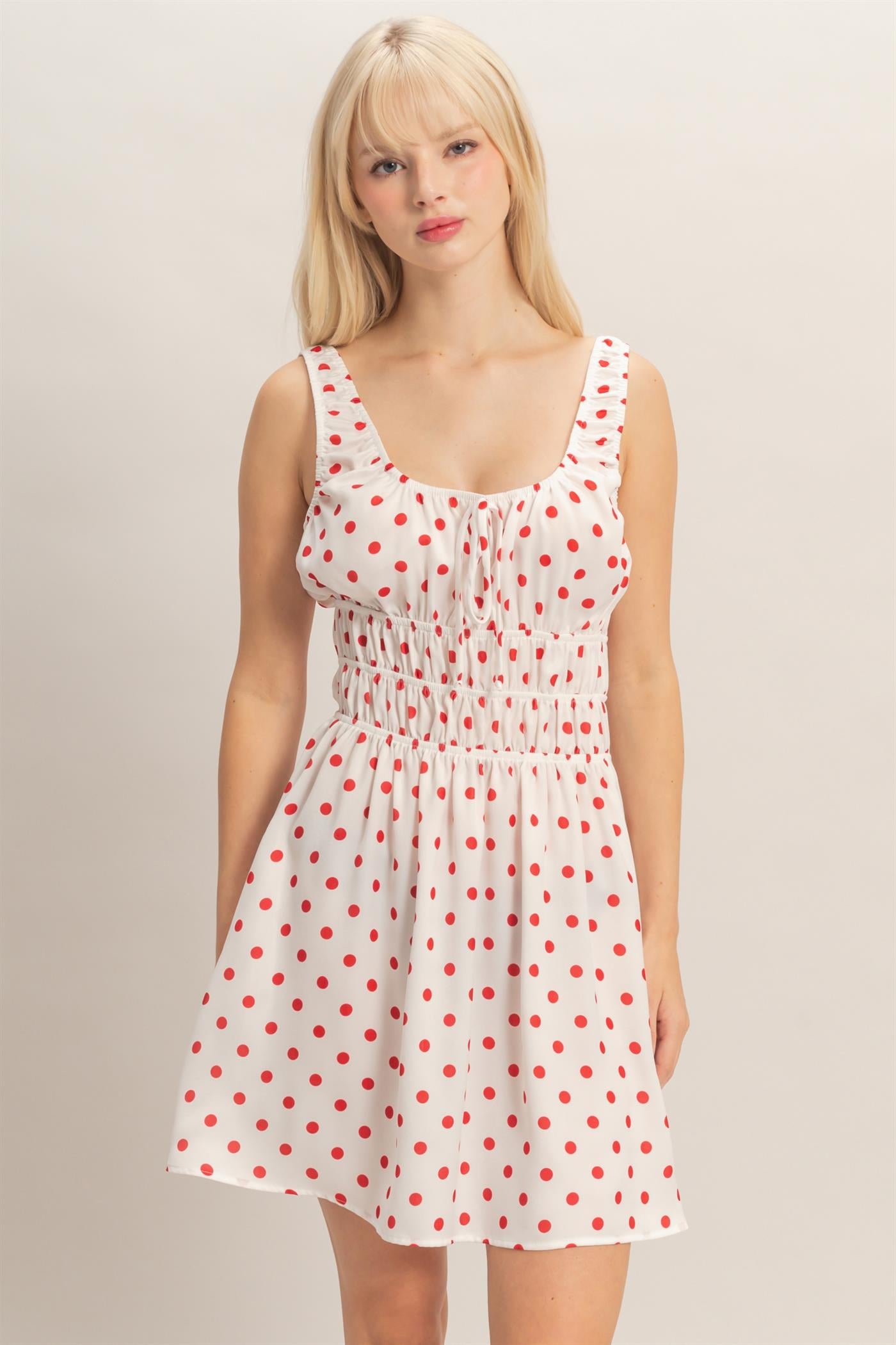 Wholesale Satin Polka Dot Mini Dress With Tie Dresses DZ25E064 RED DOUBLE ZERO