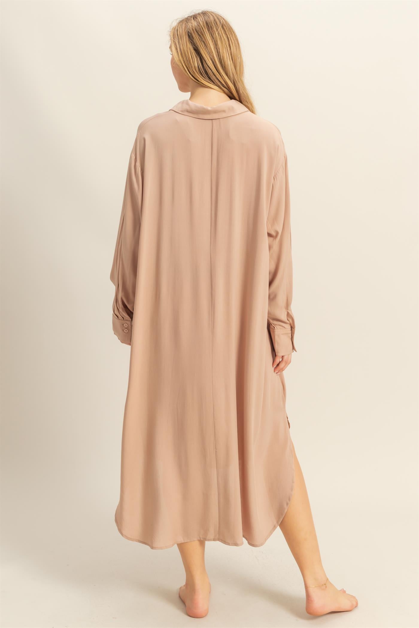 Wholesale V-Neck Long Sleeved Midi Shirts Dress Dresses DZ24E706 DARK TAUPE DOUBLE ZERO