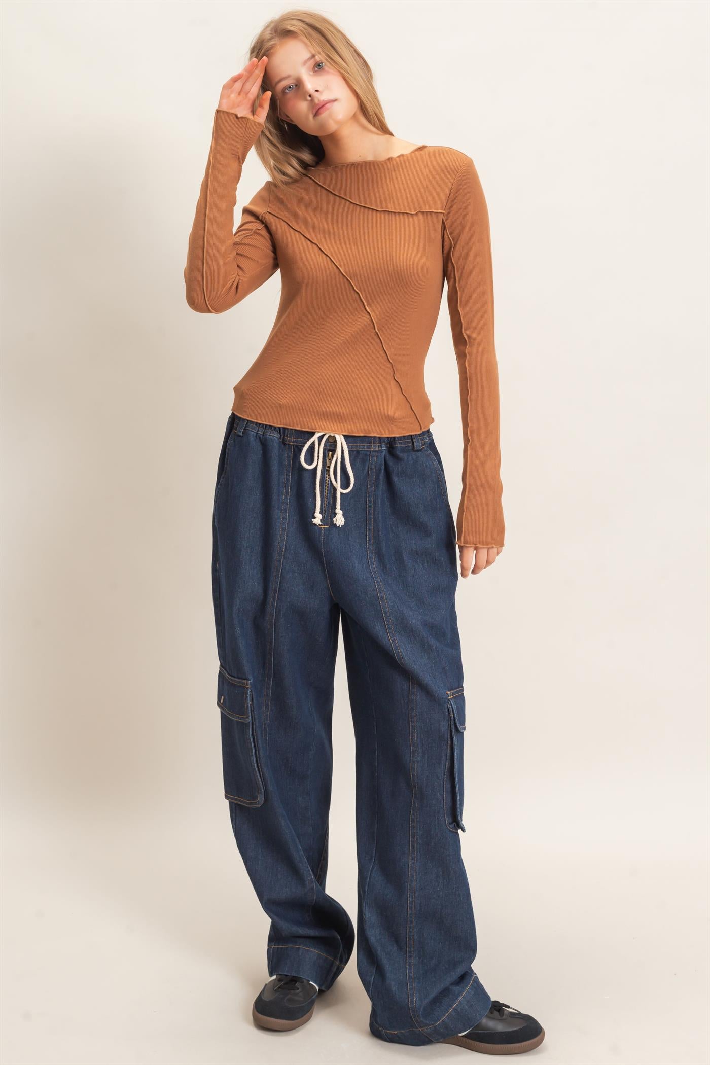 Wholesale Ruffled Ribbed Long Sleeve Top Clothing Tops HF26F085 BROWN HYFVE
