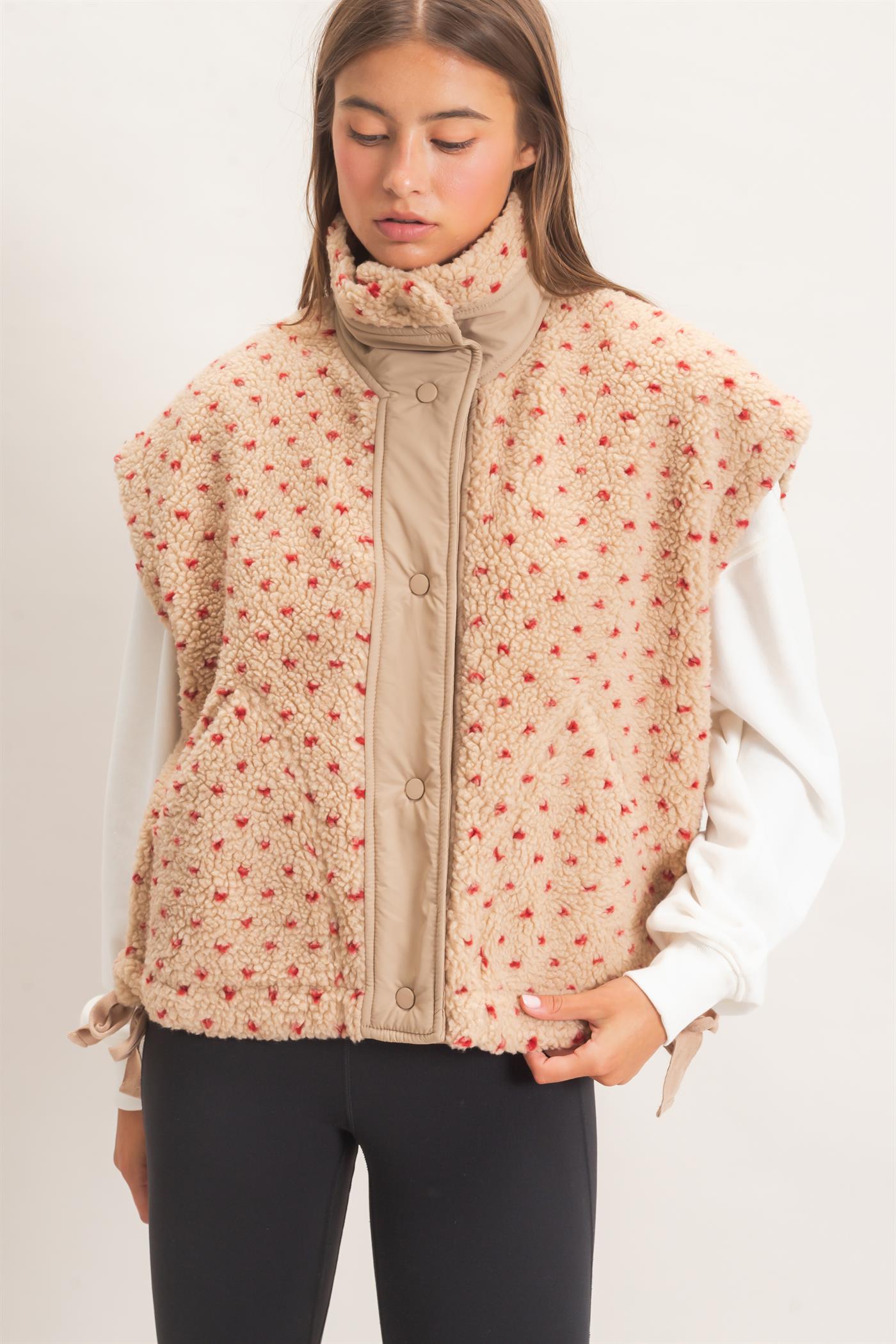 Wholesale Polka Dot Sherpa Vest Outerwear DZ26F260 RED DOUBLE ZERO