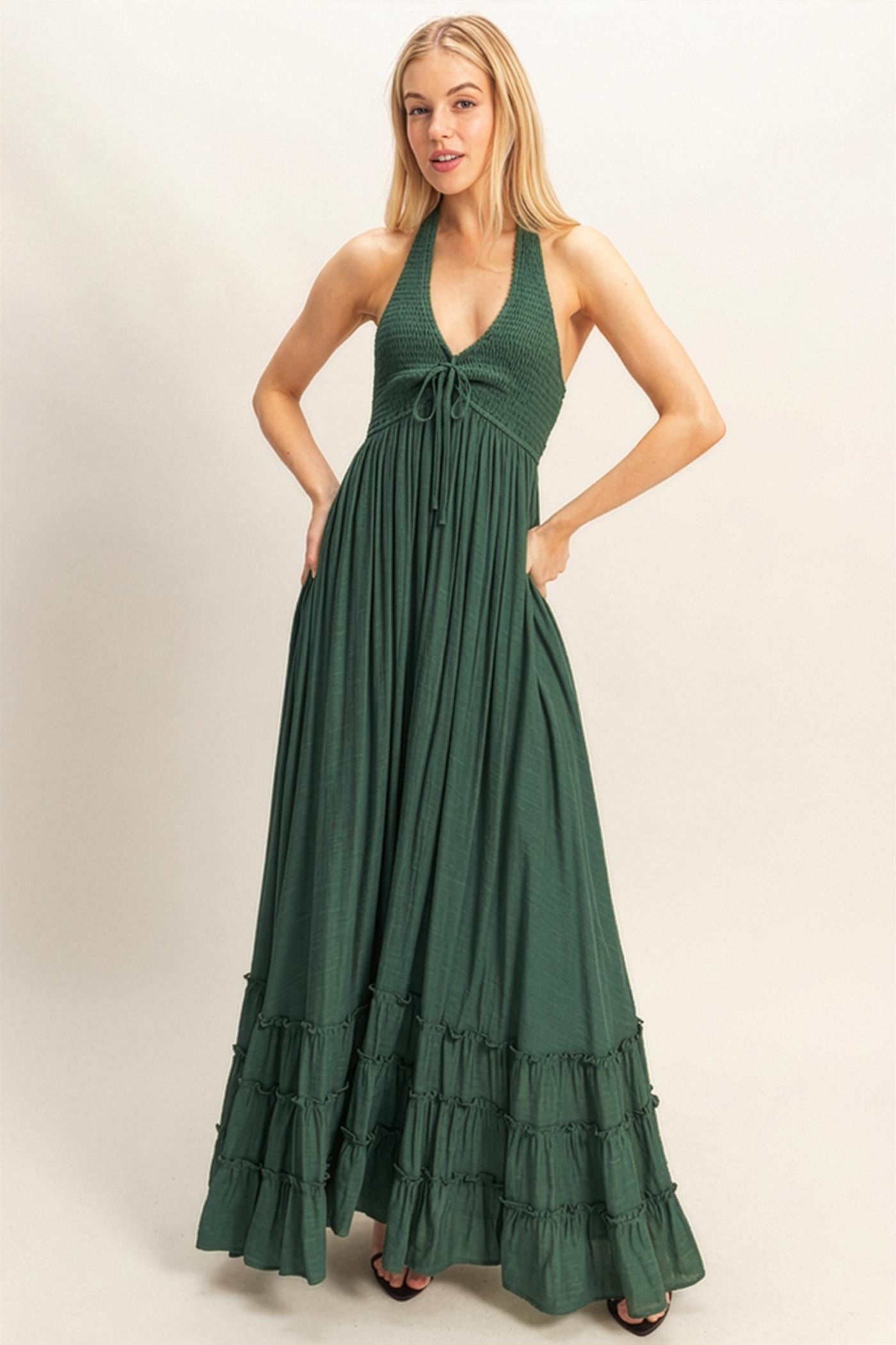 Wholesale Halter Neck Smocked Maxi Dress Dresses HF26C287-D HUNTER GREEN HYFVE
