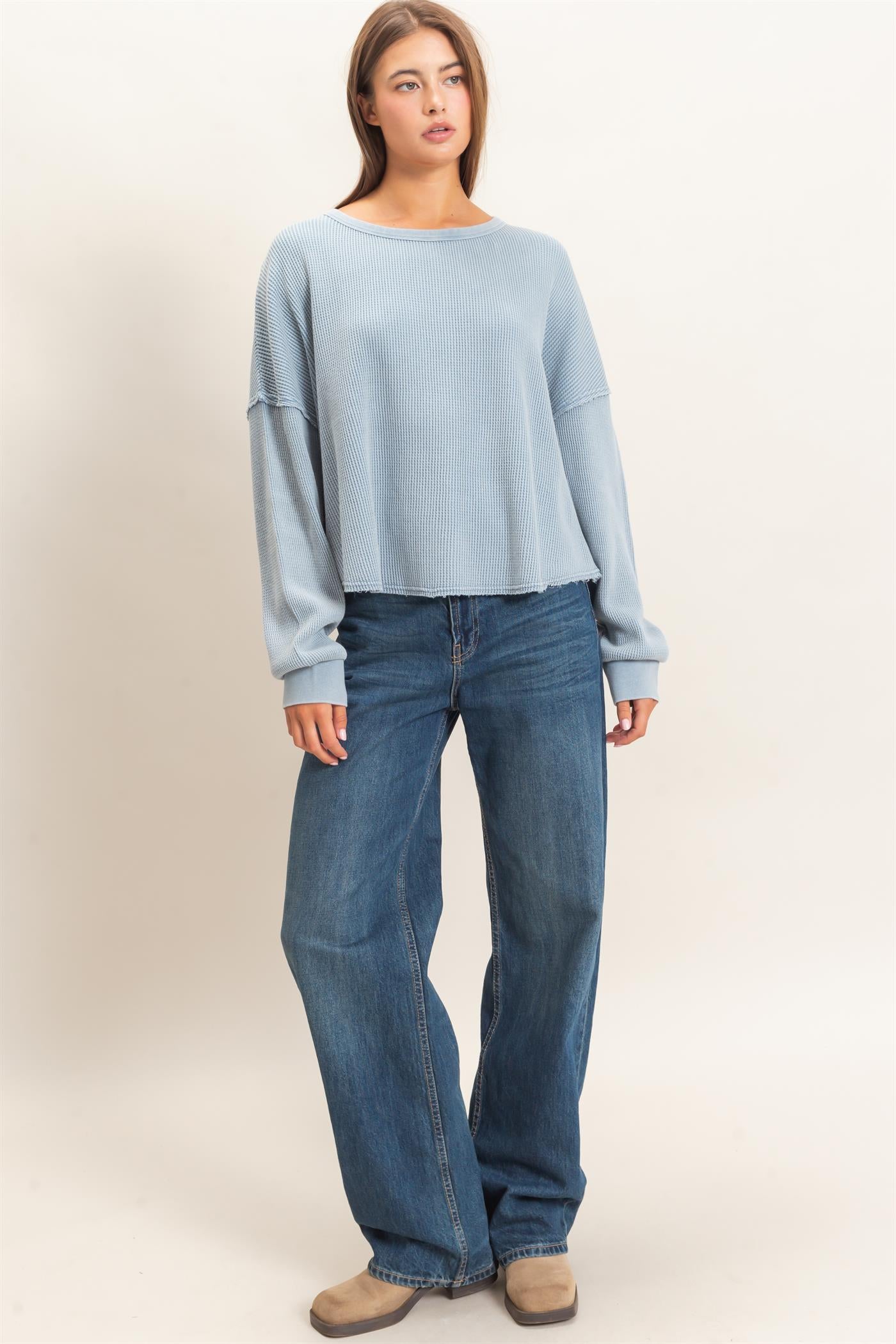 Wholesale Mineral Wash Waffle Oversized Top Clothing Tops DZ26E248 DUSTY BLUE DOUBLE ZERO
