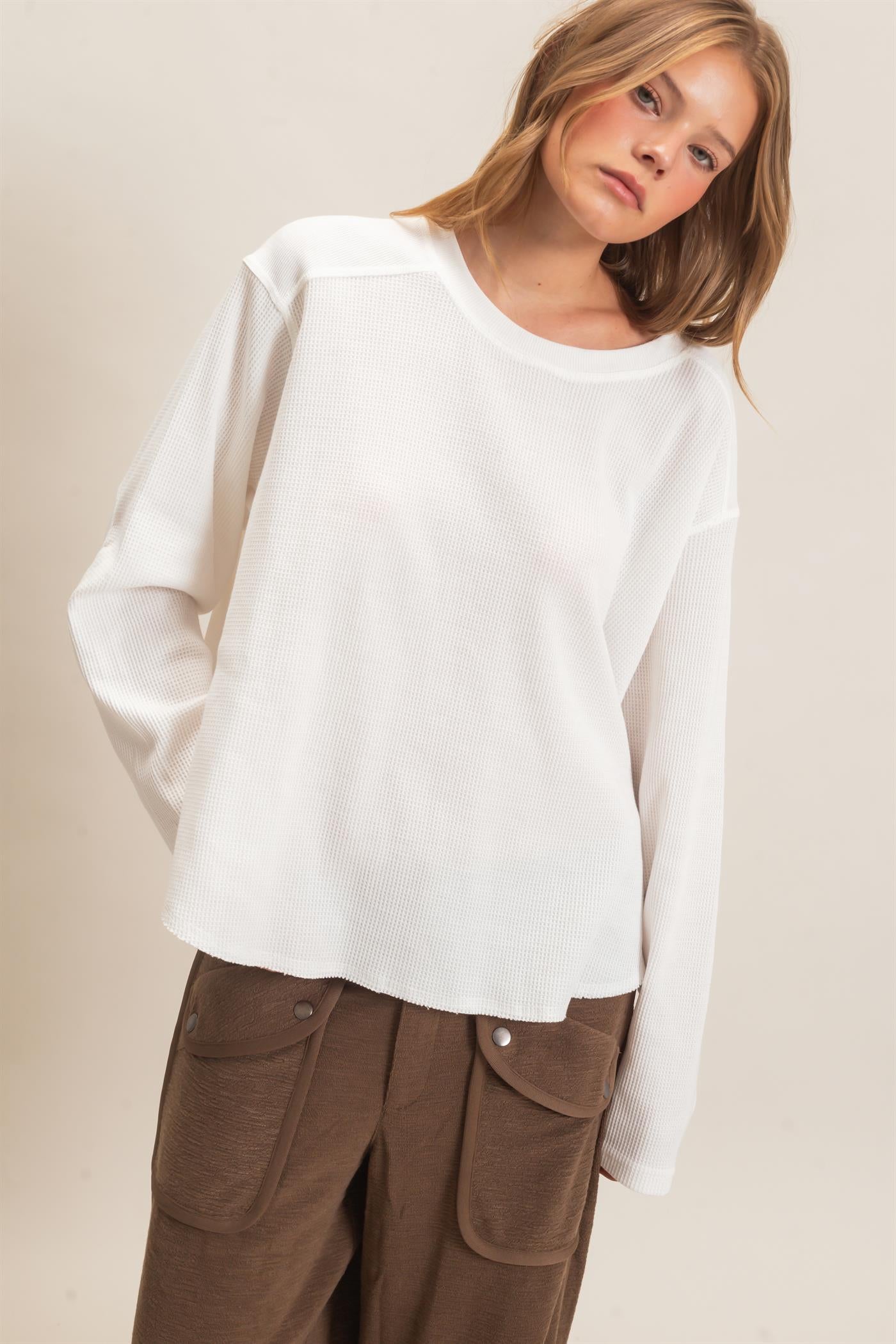 Wholesale Waffle Knit Crew Neck Top Clothing Tops HF26E078 OFF WHITE HYFVE