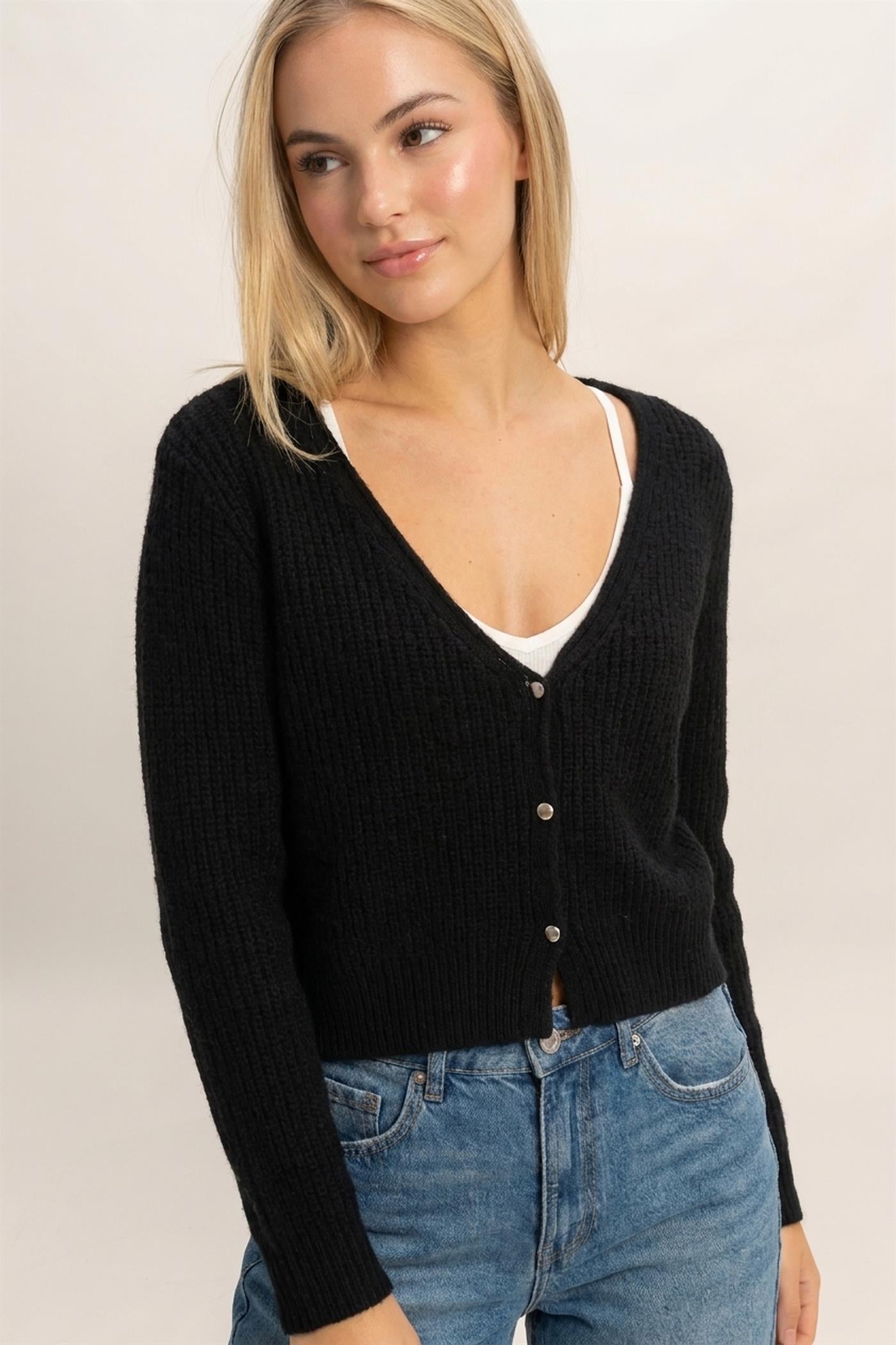 Wholesale V-Neck Ribbed Cardigan Cardigans DZ26E106 BLACK DOUBLE ZERO