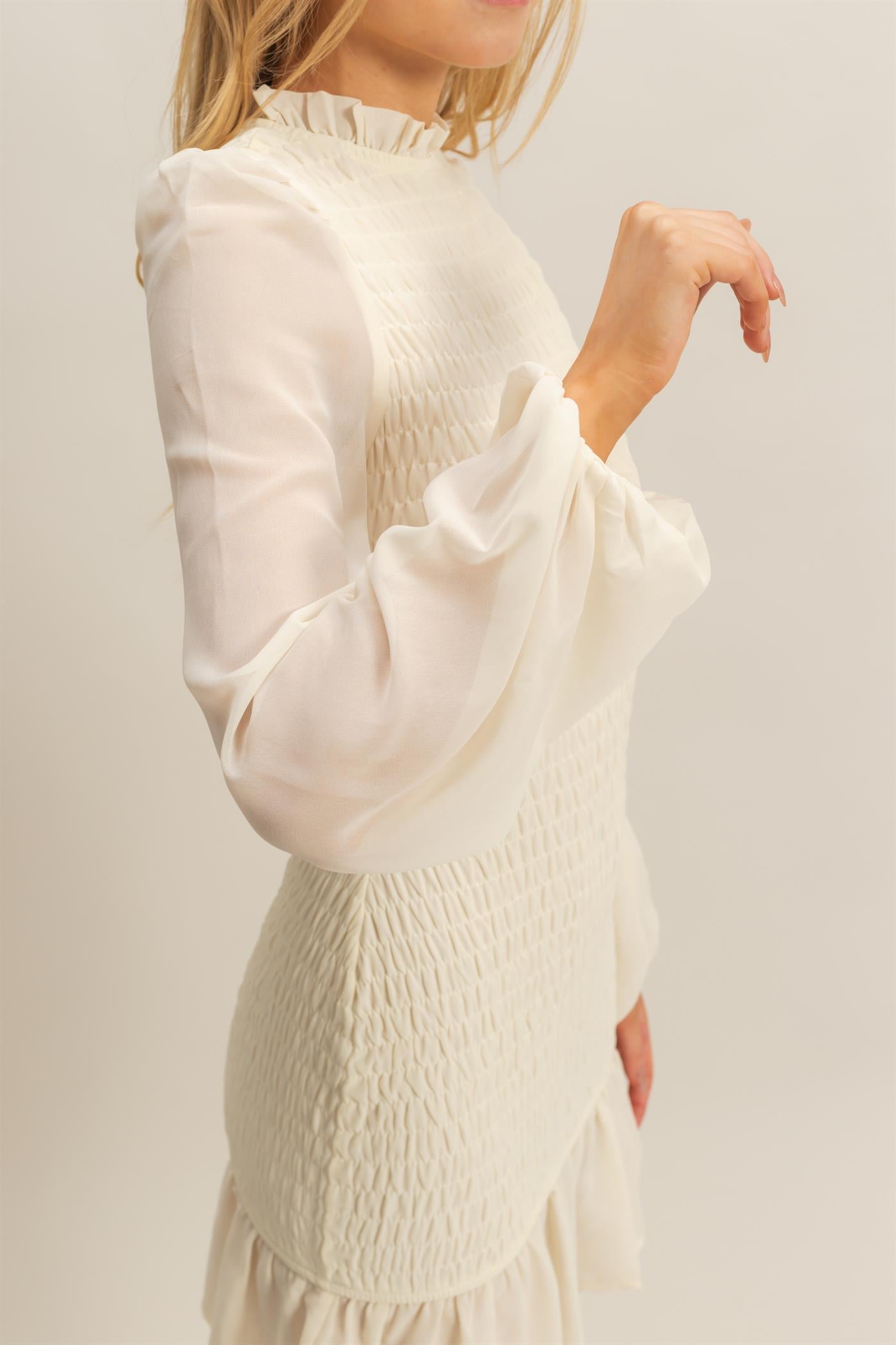 Wholesale Smocked Ruffled Mini Dress Dresses HF23G430 OFF WHITE HYFVE