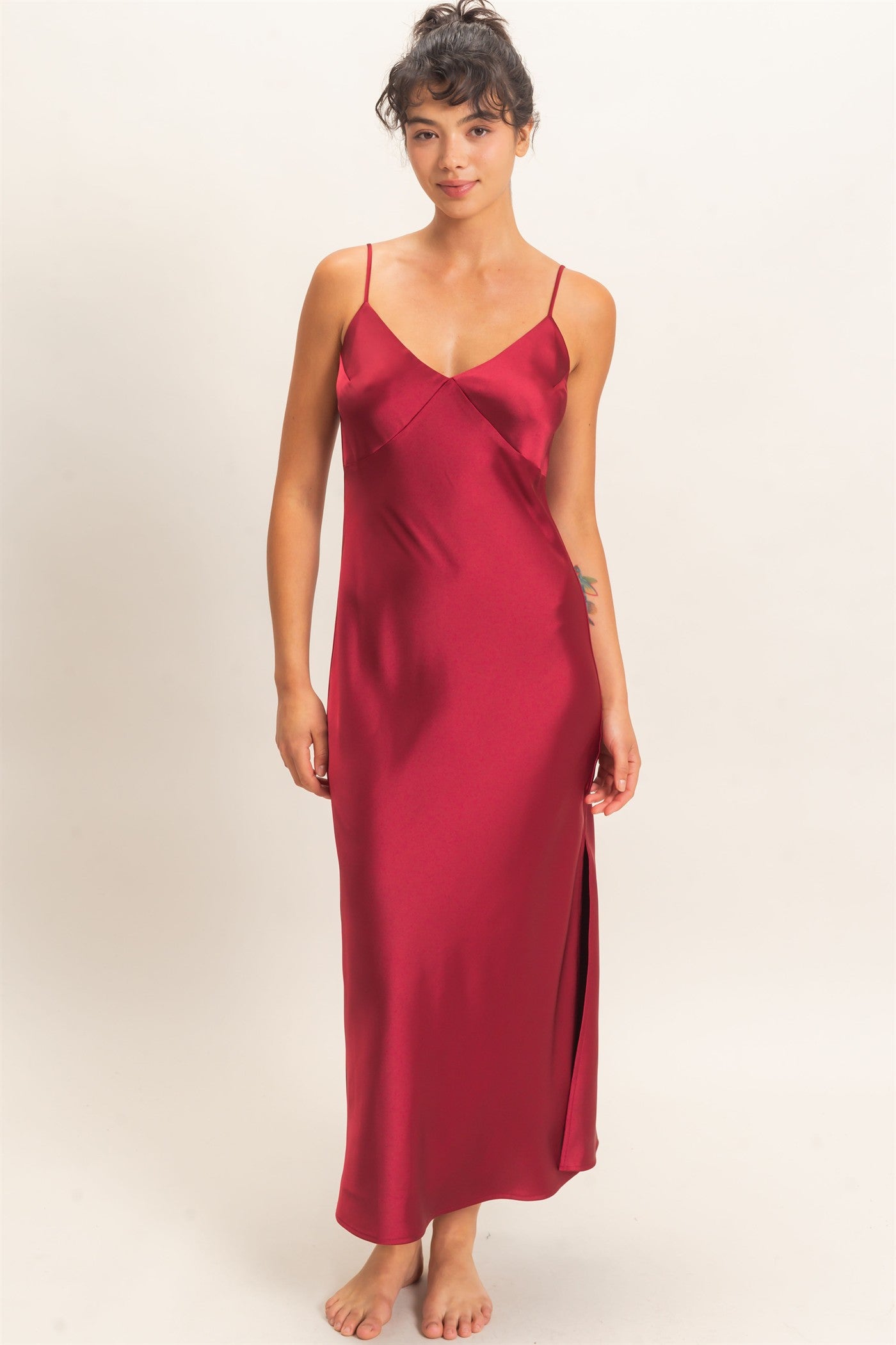 Wholesale Satin V-Neck Slip Dress Dresses DZ26E262 BURGUNDY DOUBLE ZERO