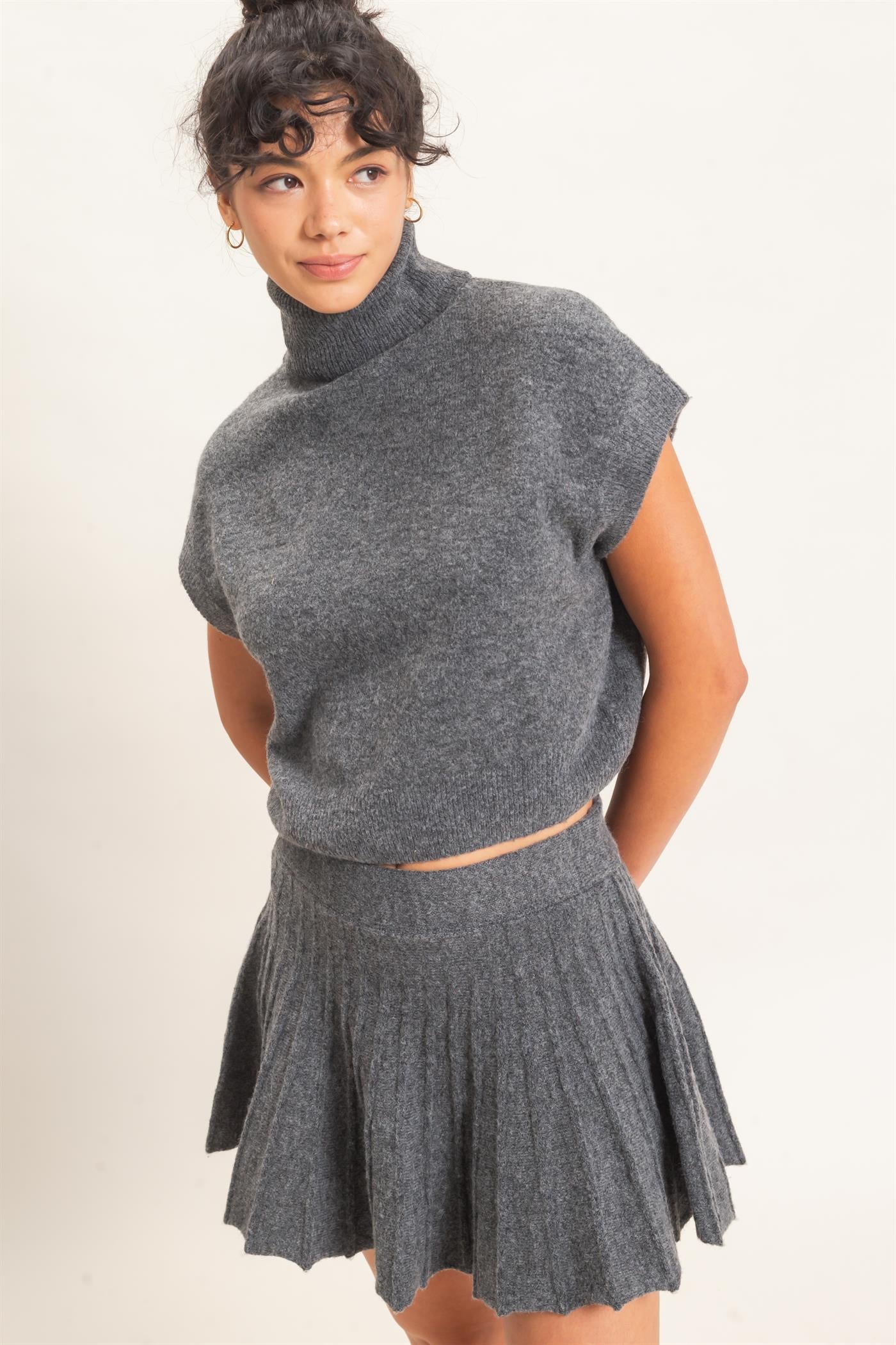 Wholesale Turtleneck Crop Top And Pleated Skirt Set Clothing DZ26C981-SET CHARCOAL DOUBLE ZERO