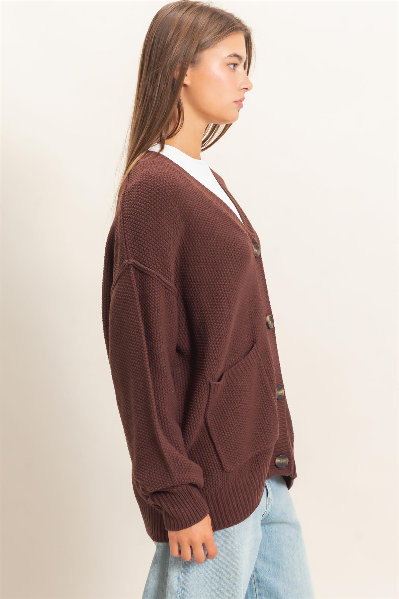 Wholesale Textured Oversized Knit Buttoned Cardigan Cardigans DZ26C971 DARK BROWN DOUBLE ZERO