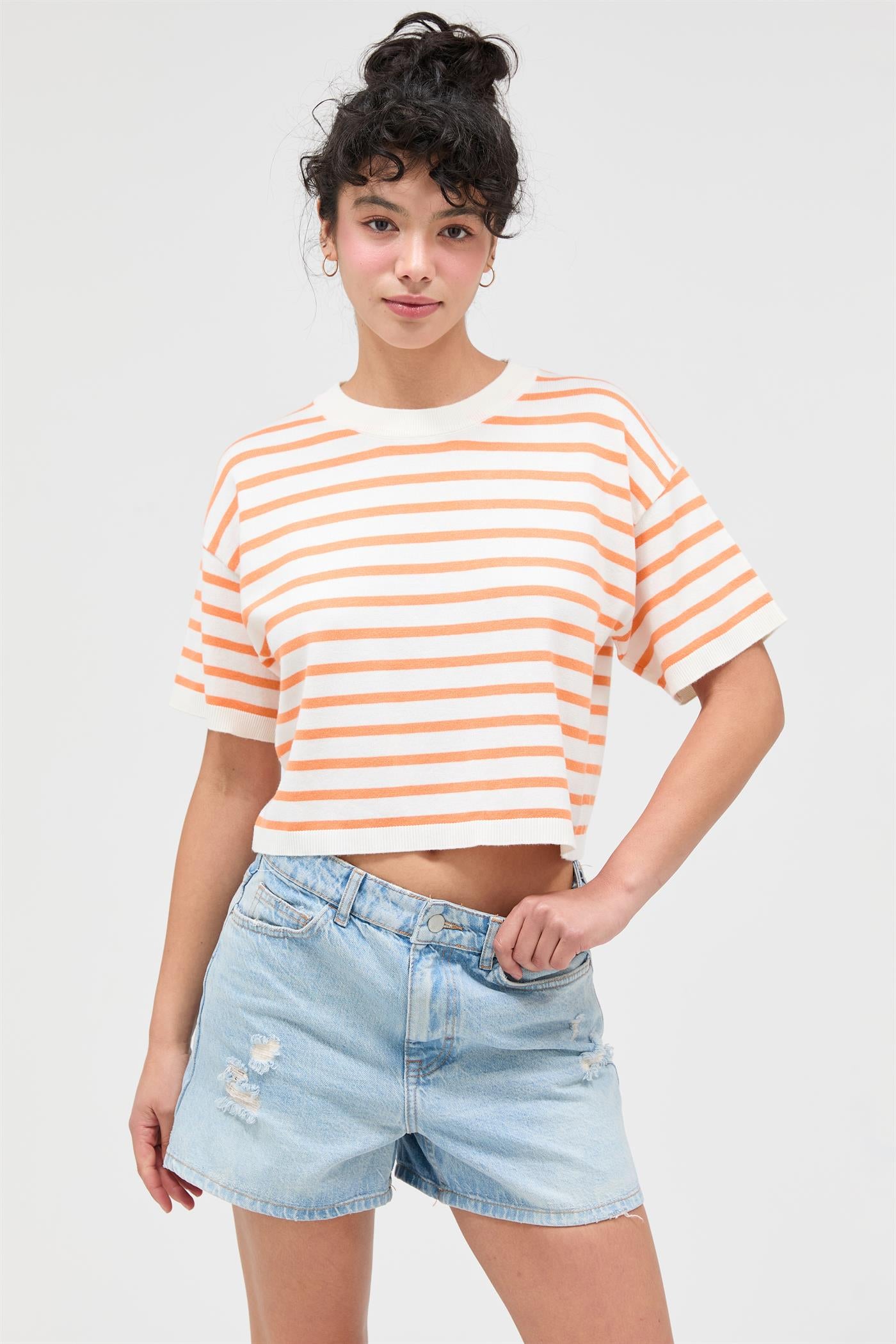 Wholesale Round Neck Striped Crop Top Clothing Tops DZ26A051 ORANGE DOUBLE ZERO