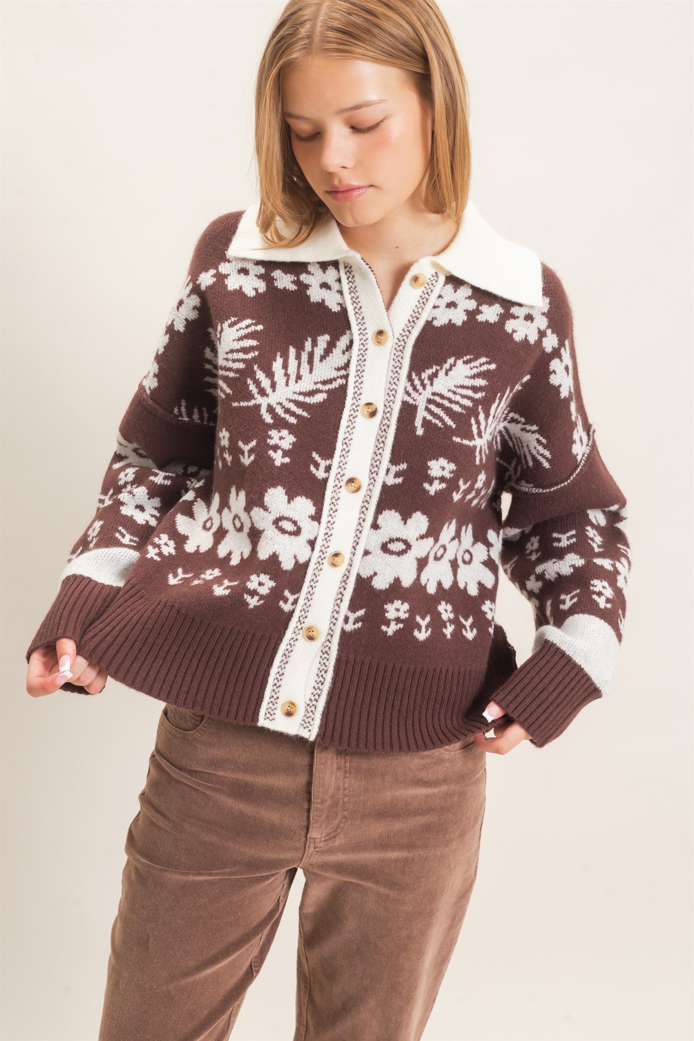 Wholesale Floral Jacquard Collared Cardigan Cardigans HF26E885 BROWN HYFVE