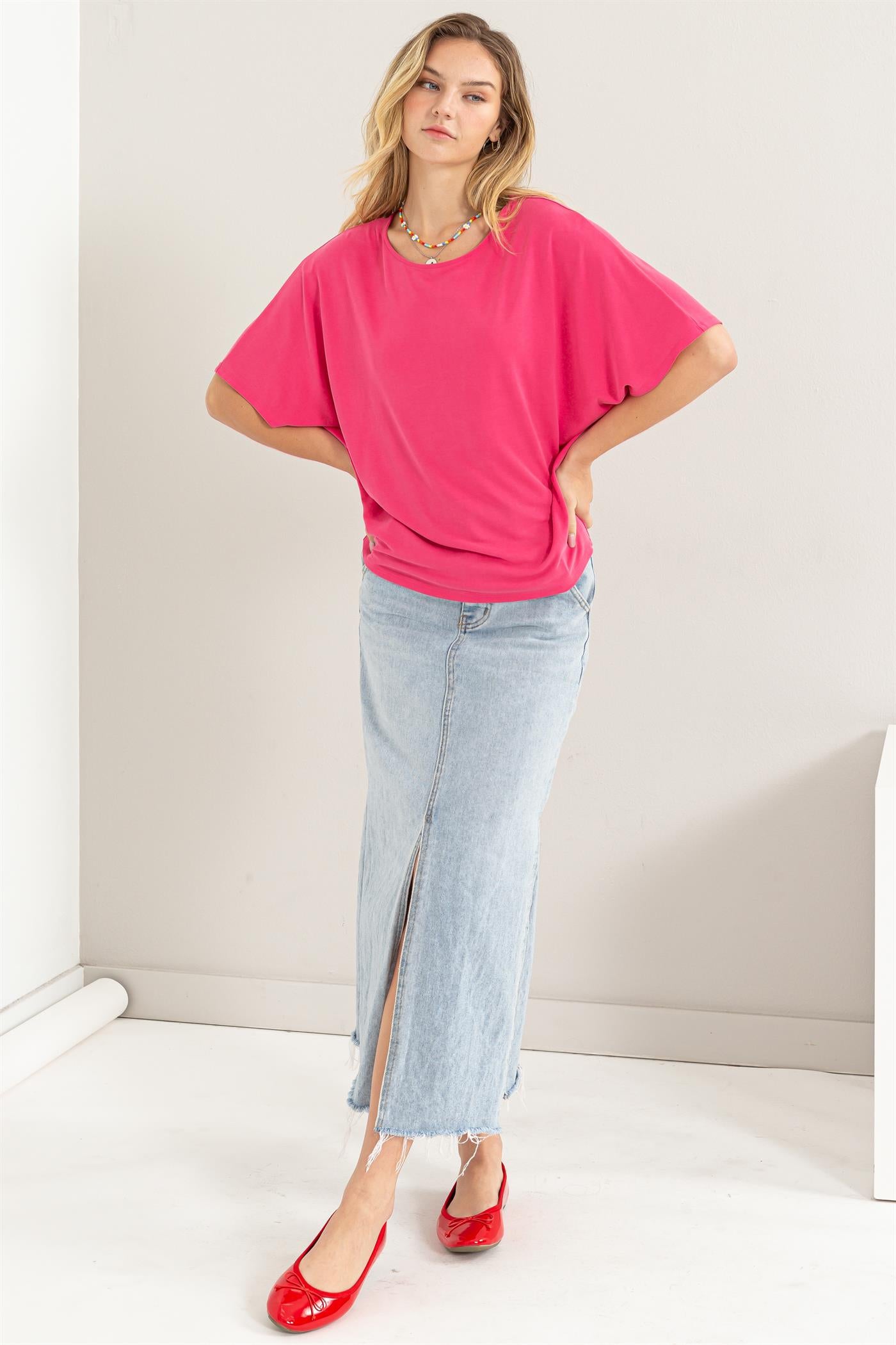 Wholesale D-Elbow Length Dolman Sleeve Top Clothing Tops DZ24C199-D RASPBERRY DOUBLE ZERO