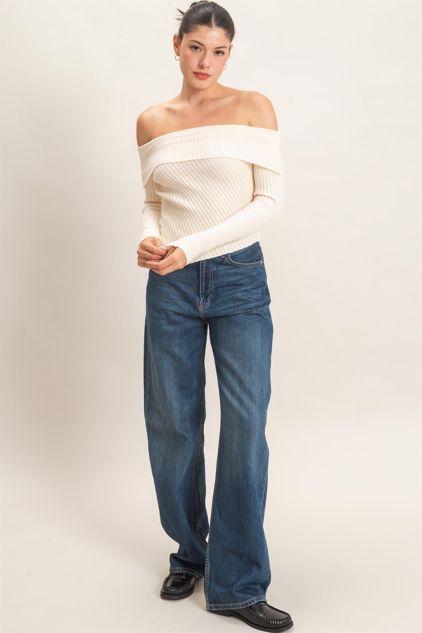 Wholesale Ribbed Off-Shoulder Sweater Sweaters HF26E937 CREAM HYFVE