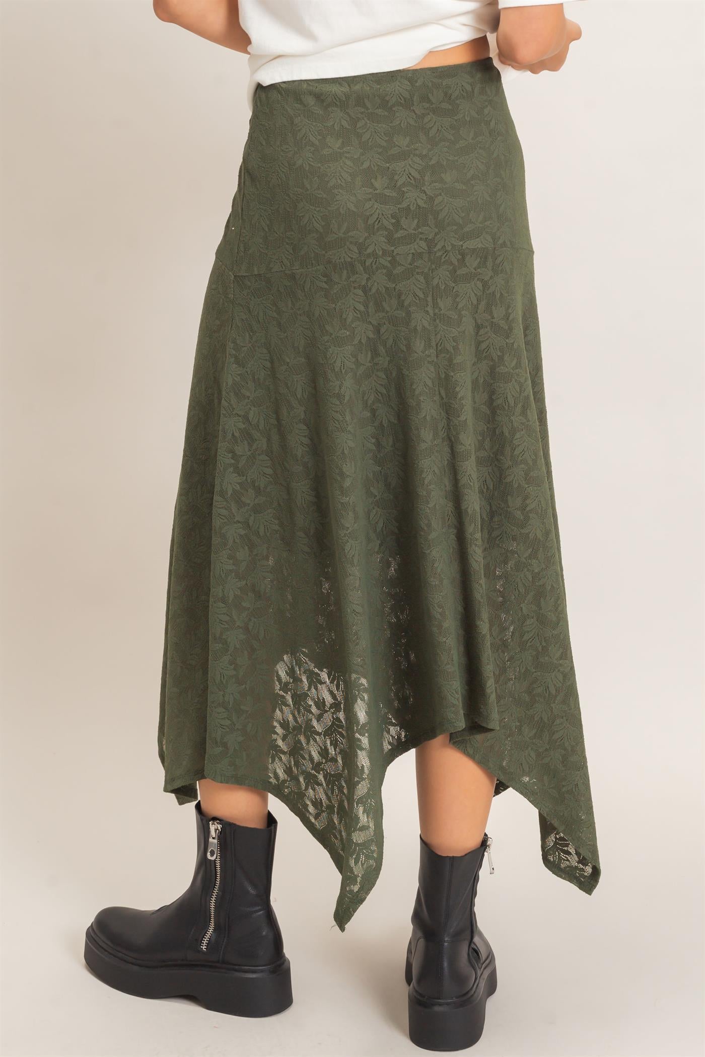 Wholesale Floral Lace Hanky Hem Skirt Skirts HF26E371 HUNTER GREEN HYFVE