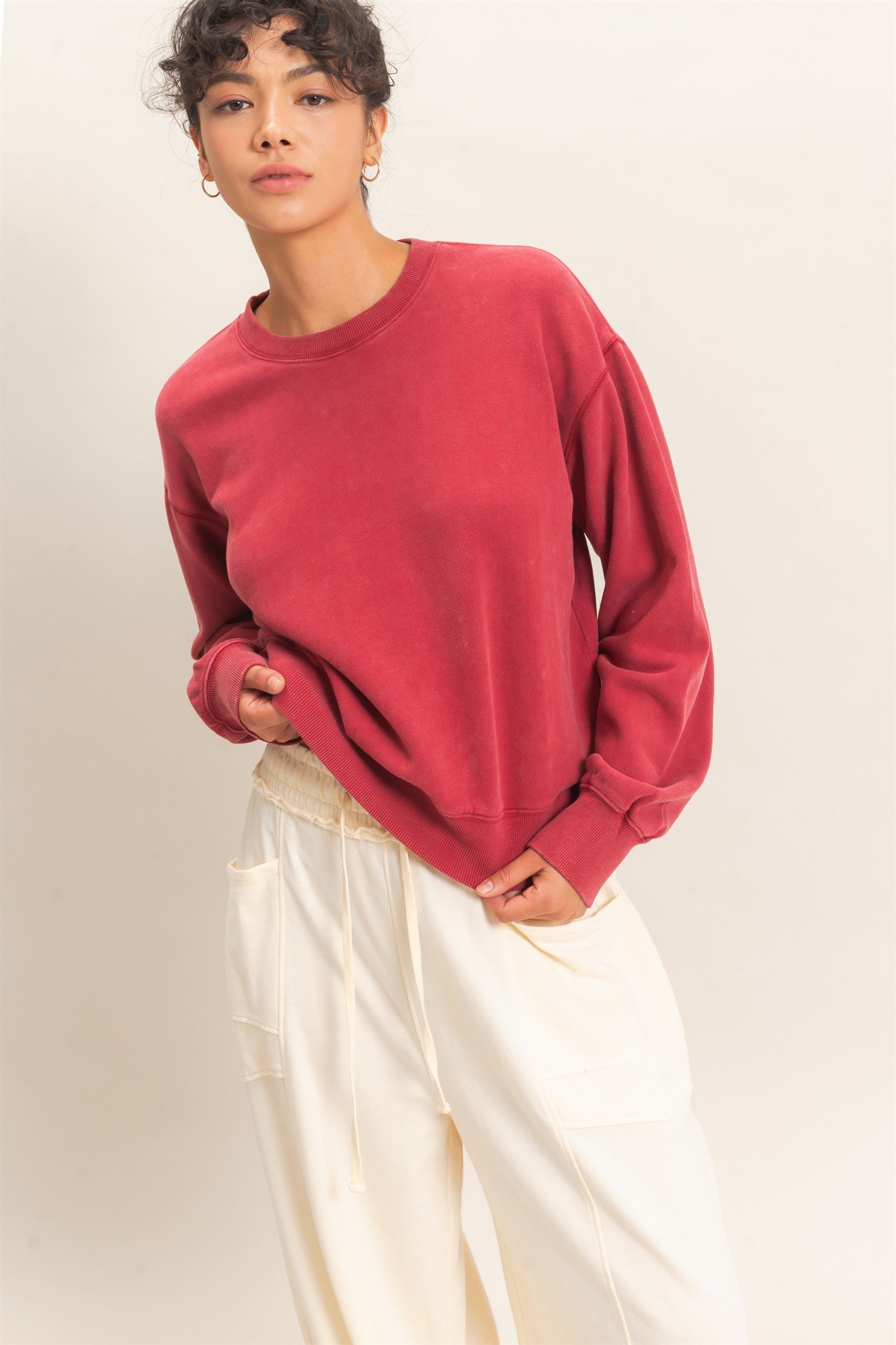 Wholesale Acid Wash Crew Neck Sweatshirt Sweatshirts DZ26E082 DARK RED DOUBLE ZERO