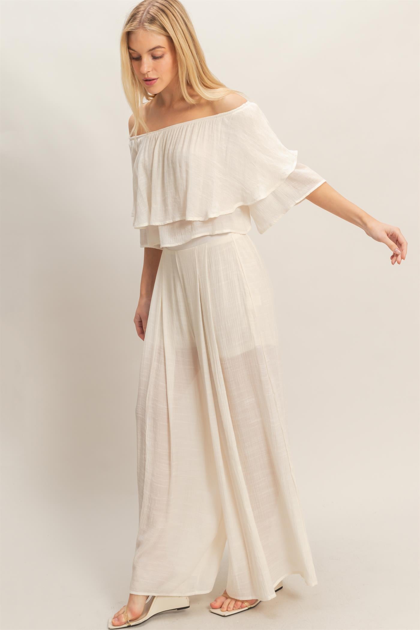 Wholesale Off Shoulder Top & Pleated Pant Set Clothing HF26C291-SET-D CREAM HYFVE