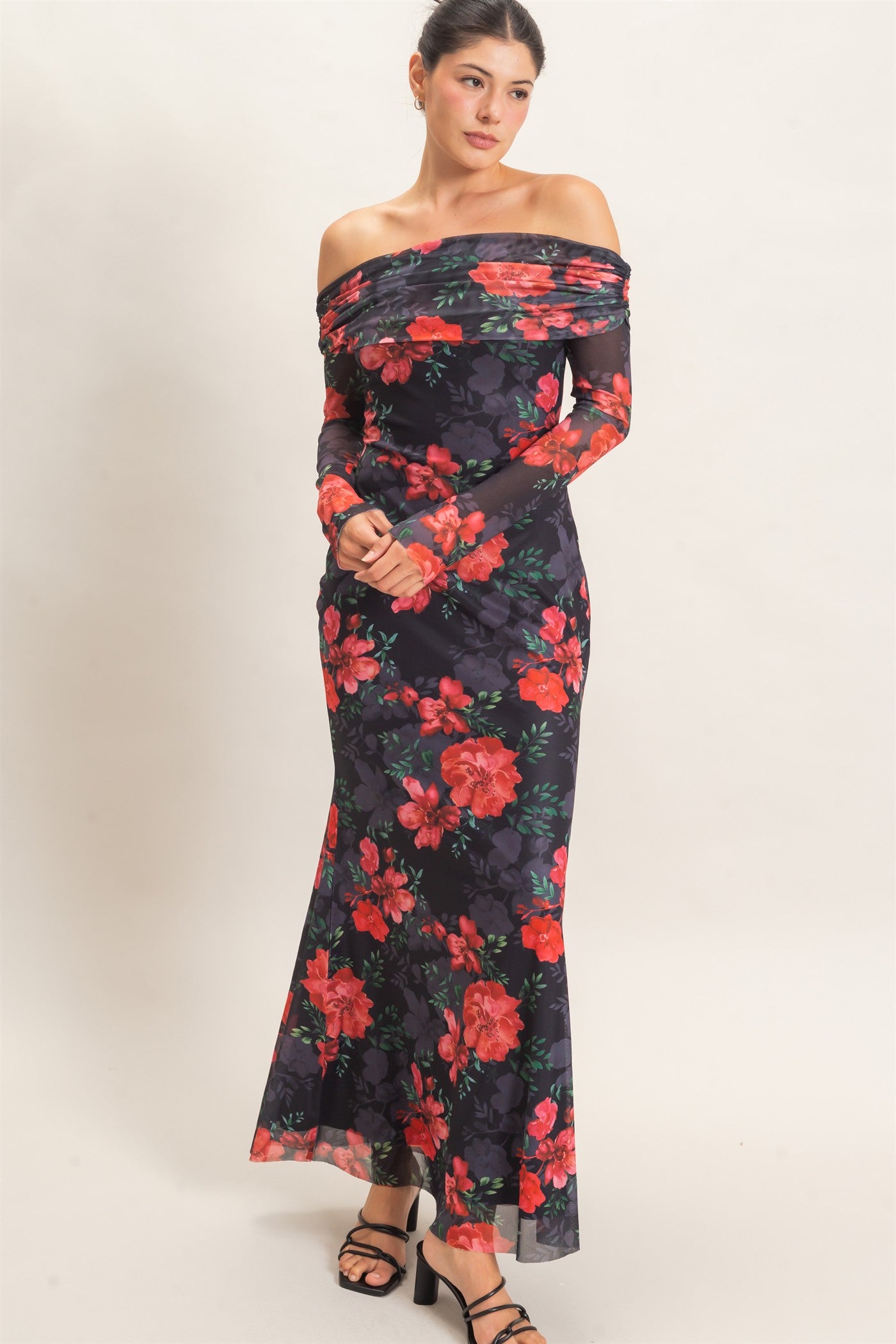 Wholesale Off Shoulder Floral Mesh Dress Dresses HF26E008 BLACK HYFVE