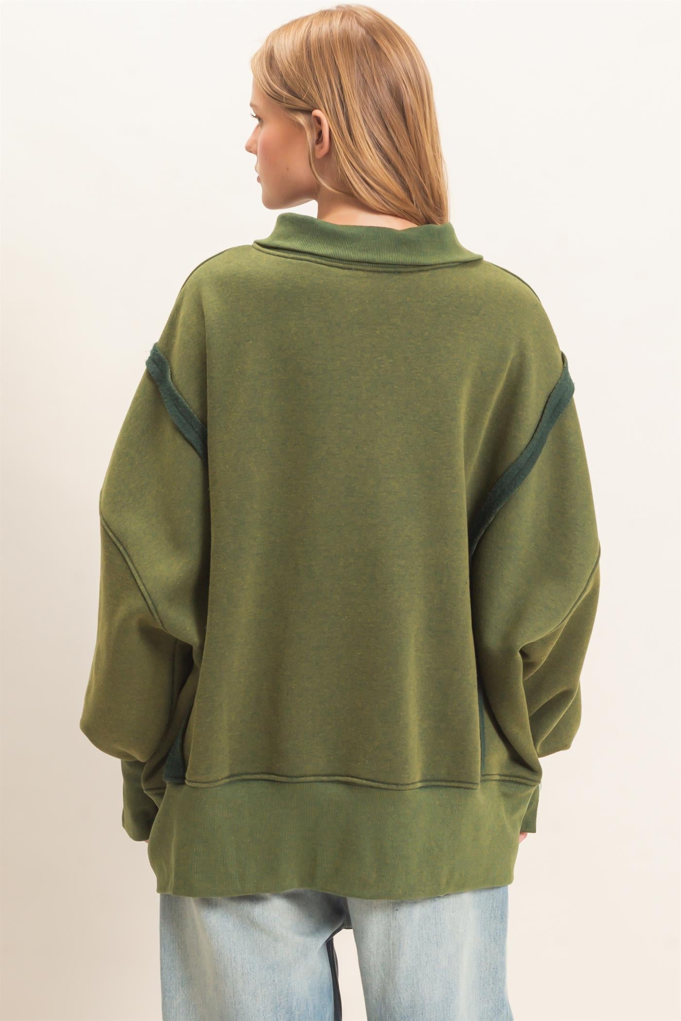 Wholesale Mineral Wash Snap Collar Pullover Clothing Tops HF26F086-D HUNTER GREEN HYFVE