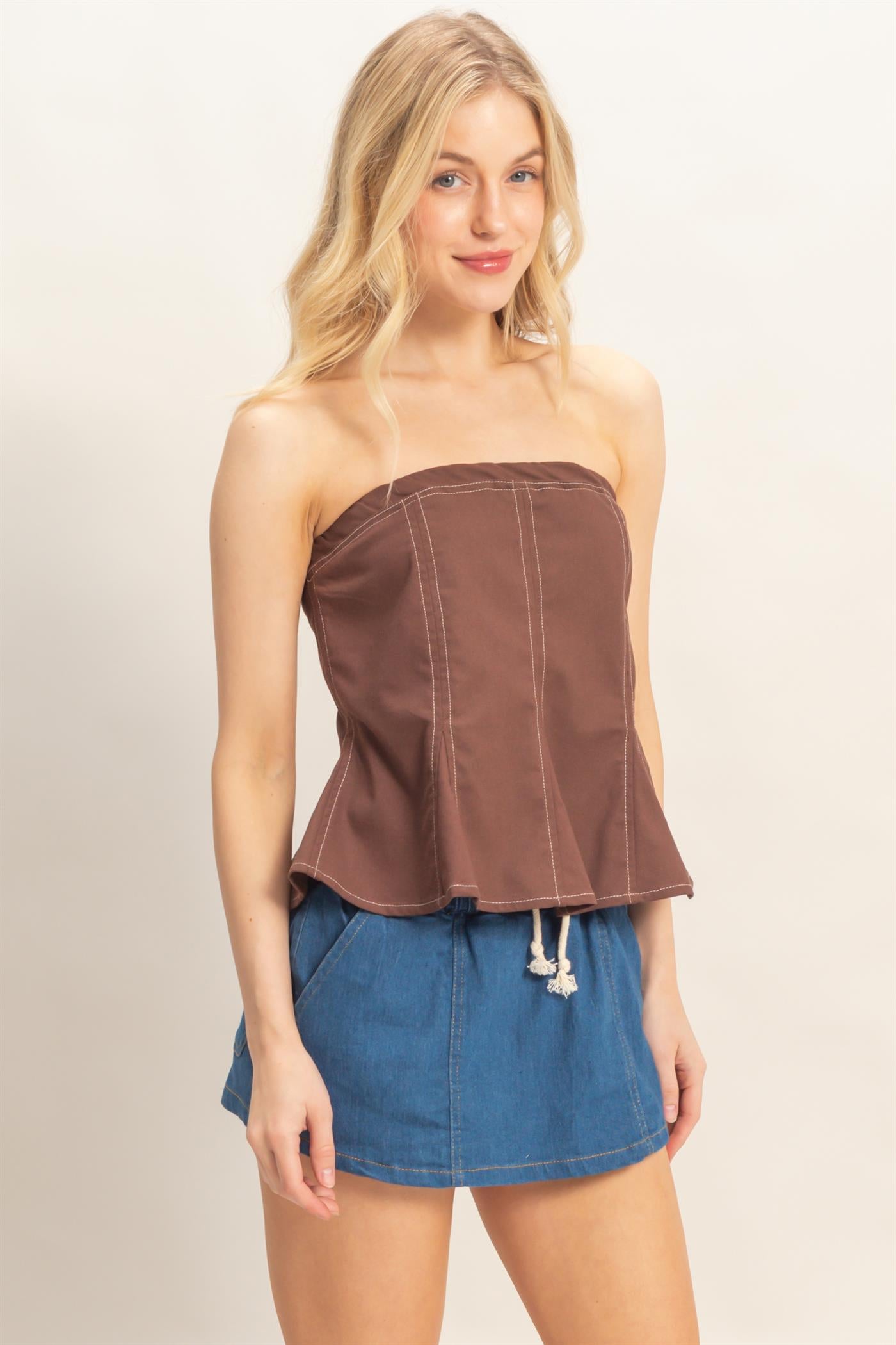 Wholesale Peplum Tube Top Clothing Tops HF26C401 DARK CHOCOLATE HYFVE