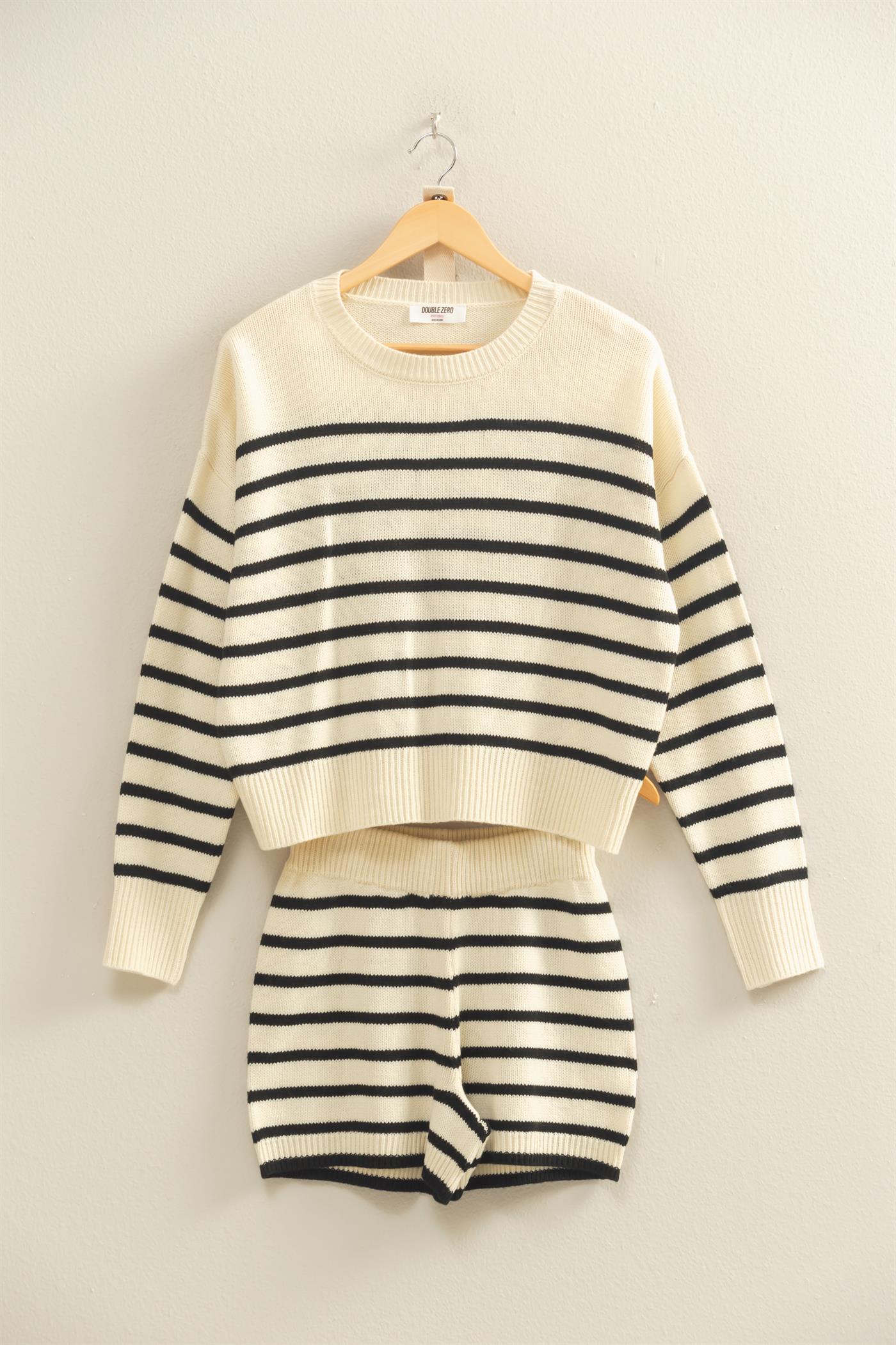 Wholesale Striped Knit Sweater And Shorts Set Clothing DZ25E141-SET CREAM/BLACK DOUBLE ZERO