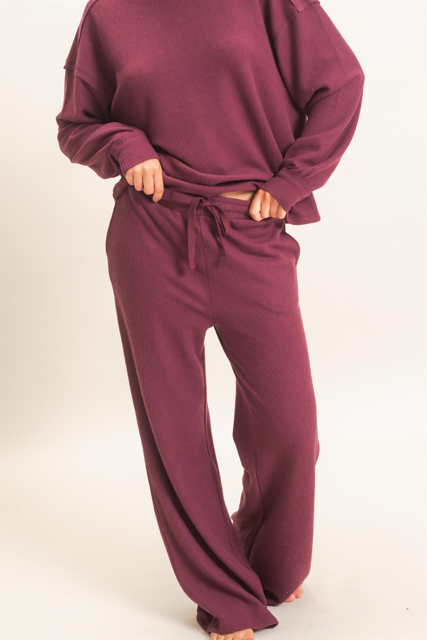 Wholesale Brushed Waffle Drawstring Pants Pants DZ26F313 DARK CHERRY DOUBLE ZERO