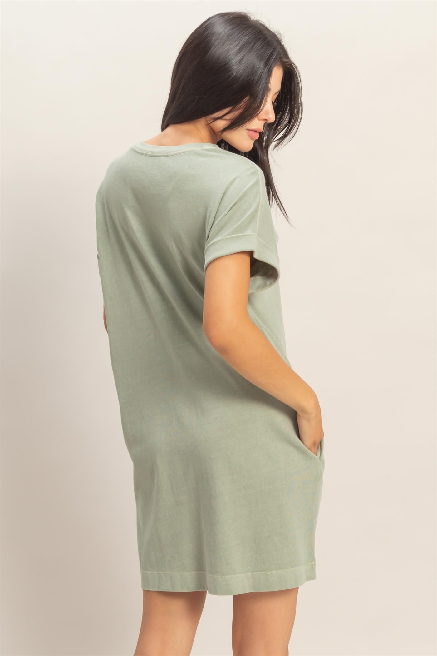 Wholesale Round Neck T-Shirt Mini Dress Dresses DZ26A029 SAGE GREEN DOUBLE ZERO