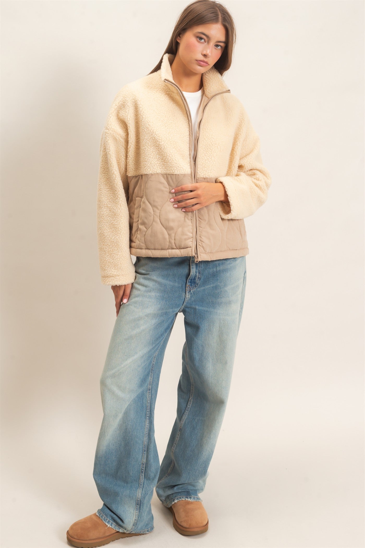 Wholesale Quilted Sherpa Zip Up Jacket Coats & Jackets DZ26F259 TAUPE DOUBLE ZERO