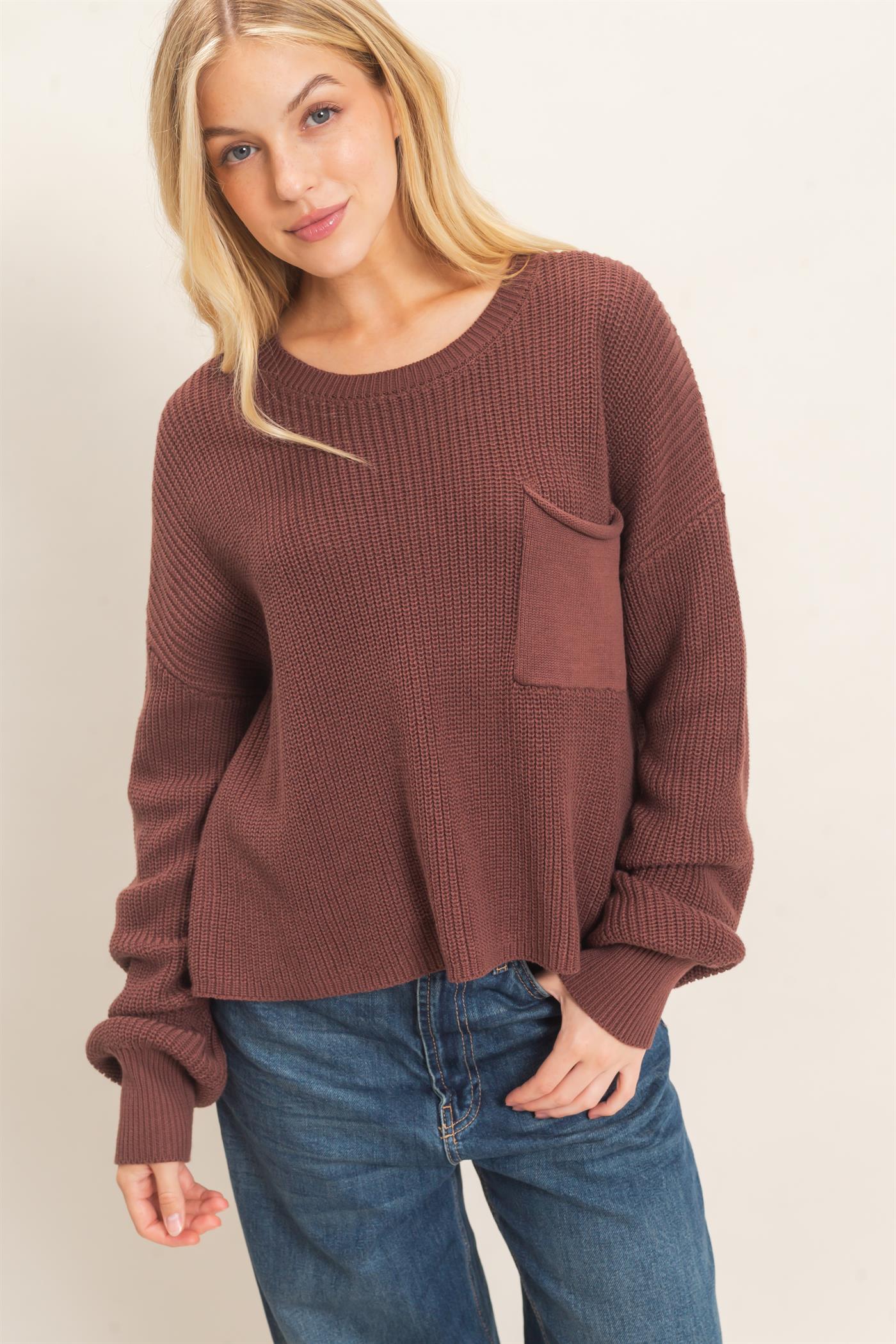 Wholesale Ribbed Drop Shoulder Sweater Sweaters HF26F181 BROWN HYFVE