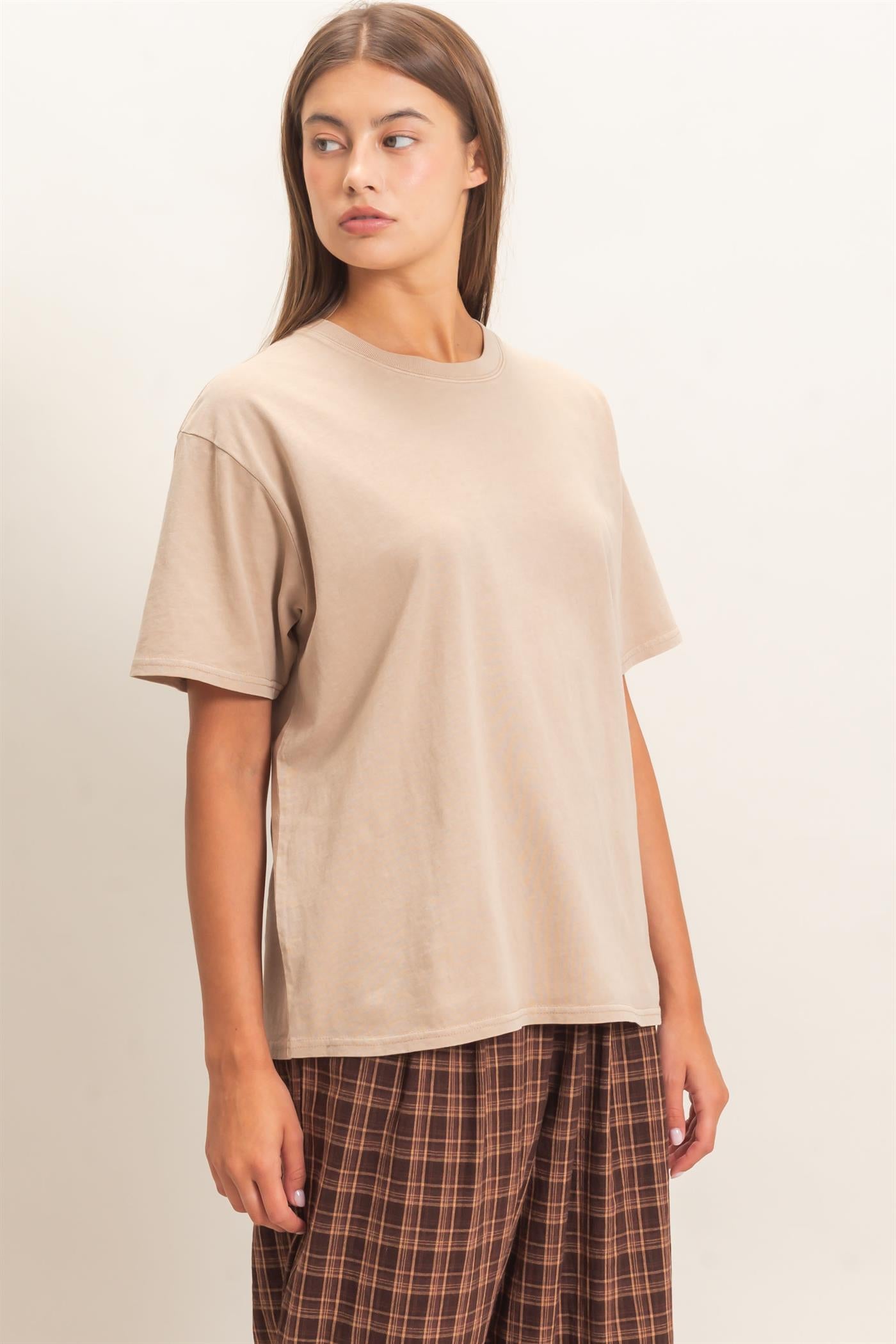 Wholesale Crew Neck Pigment Dye T-Shirt Clothing Tops DZ26E448 TAUPE DOUBLE ZERO