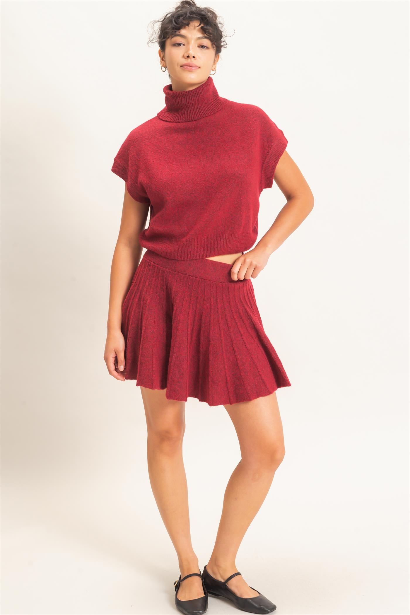 Wholesale Turtleneck Crop Top And Pleated Skirt Set Clothing DZ26C981-SET DARK RED DOUBLE ZERO