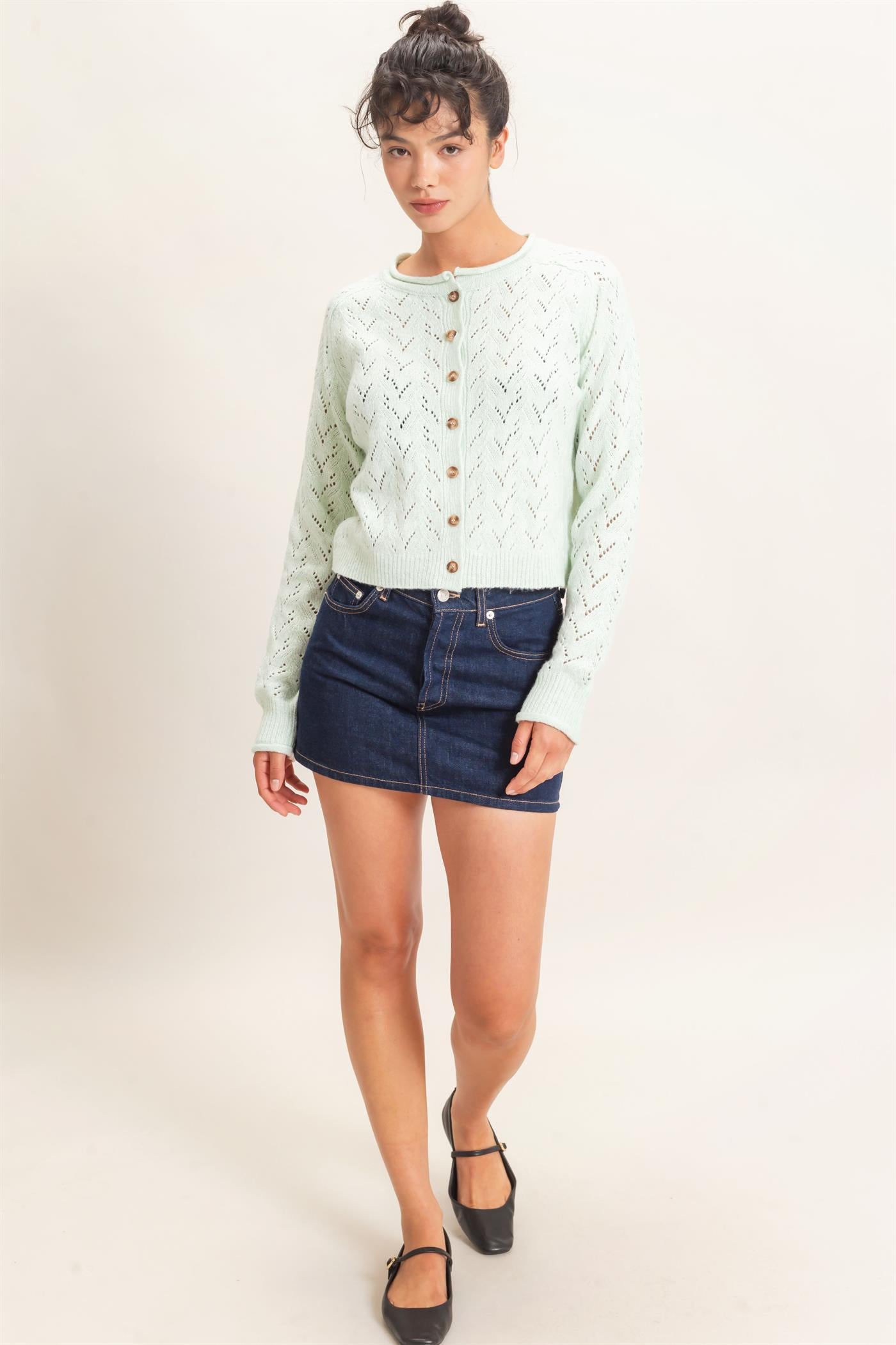 Wholesale Pointelle Knit Button Front Cardigan Cardigans DZ26C978 PALE GREEN DOUBLE ZERO