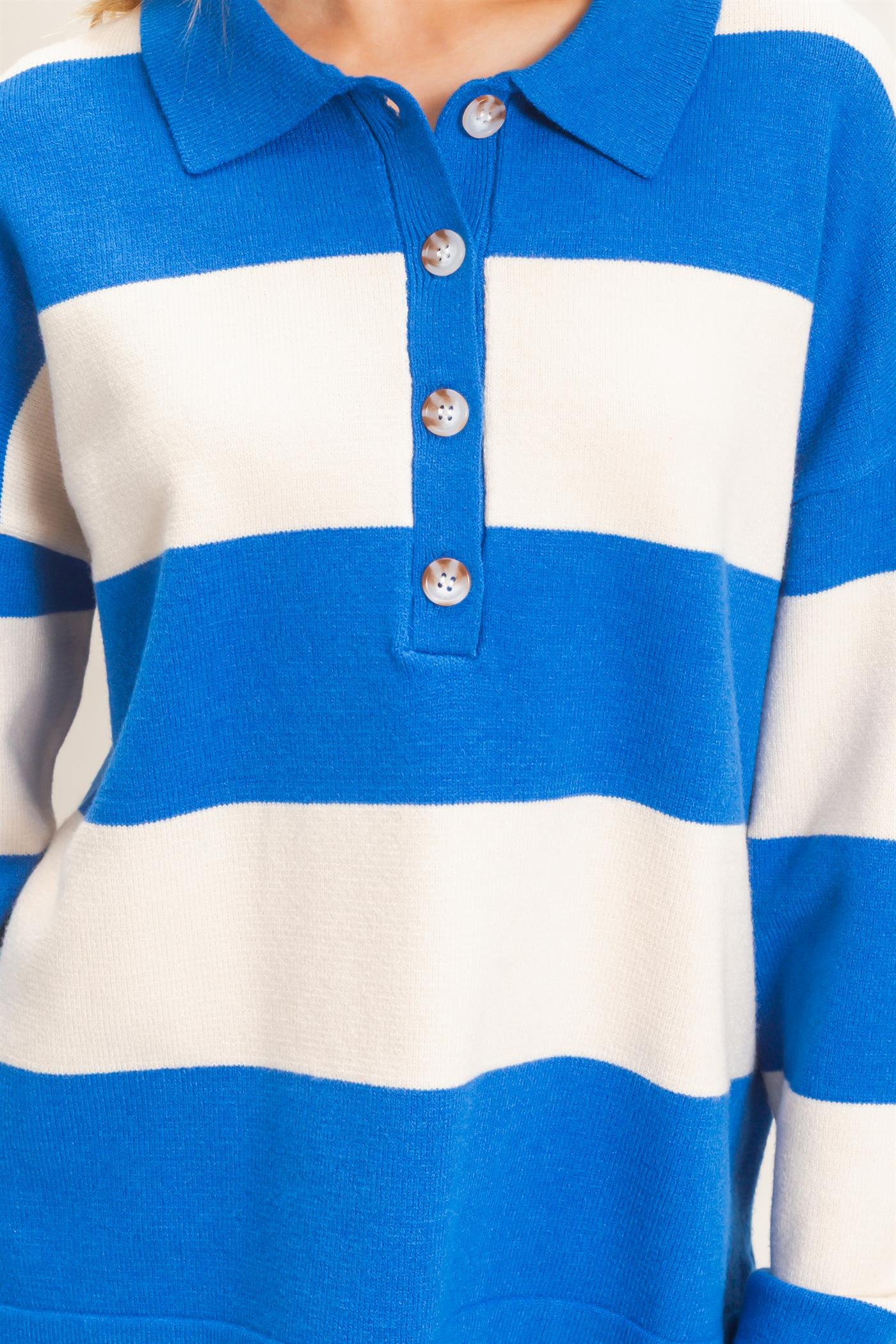 Wholesale Striped Button-Up Sweater Sweaters HF26F198 BLUE HYFVE